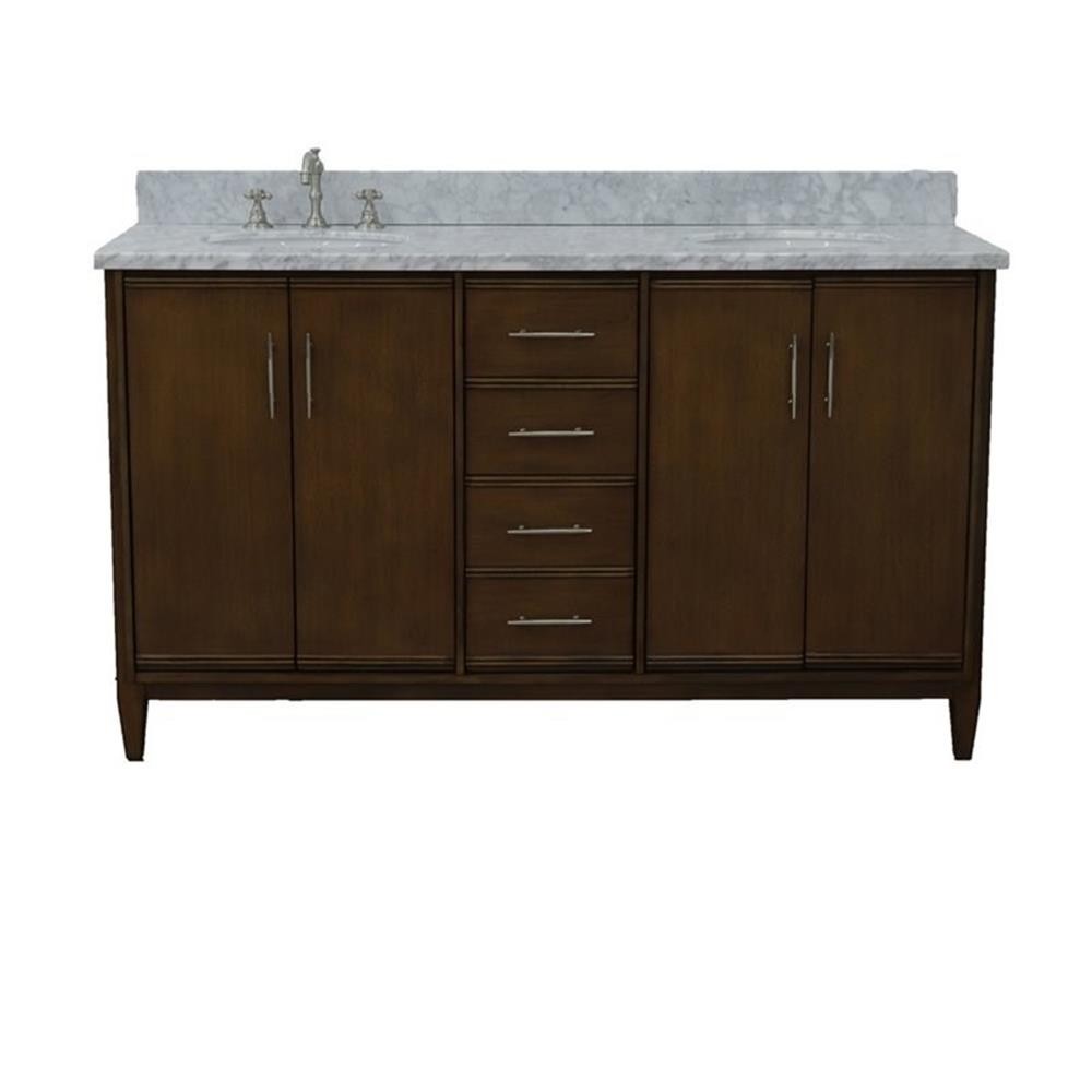 MCM 61″ Double Oval Sink Solid Wood Vanity in Walnut/White Carrara