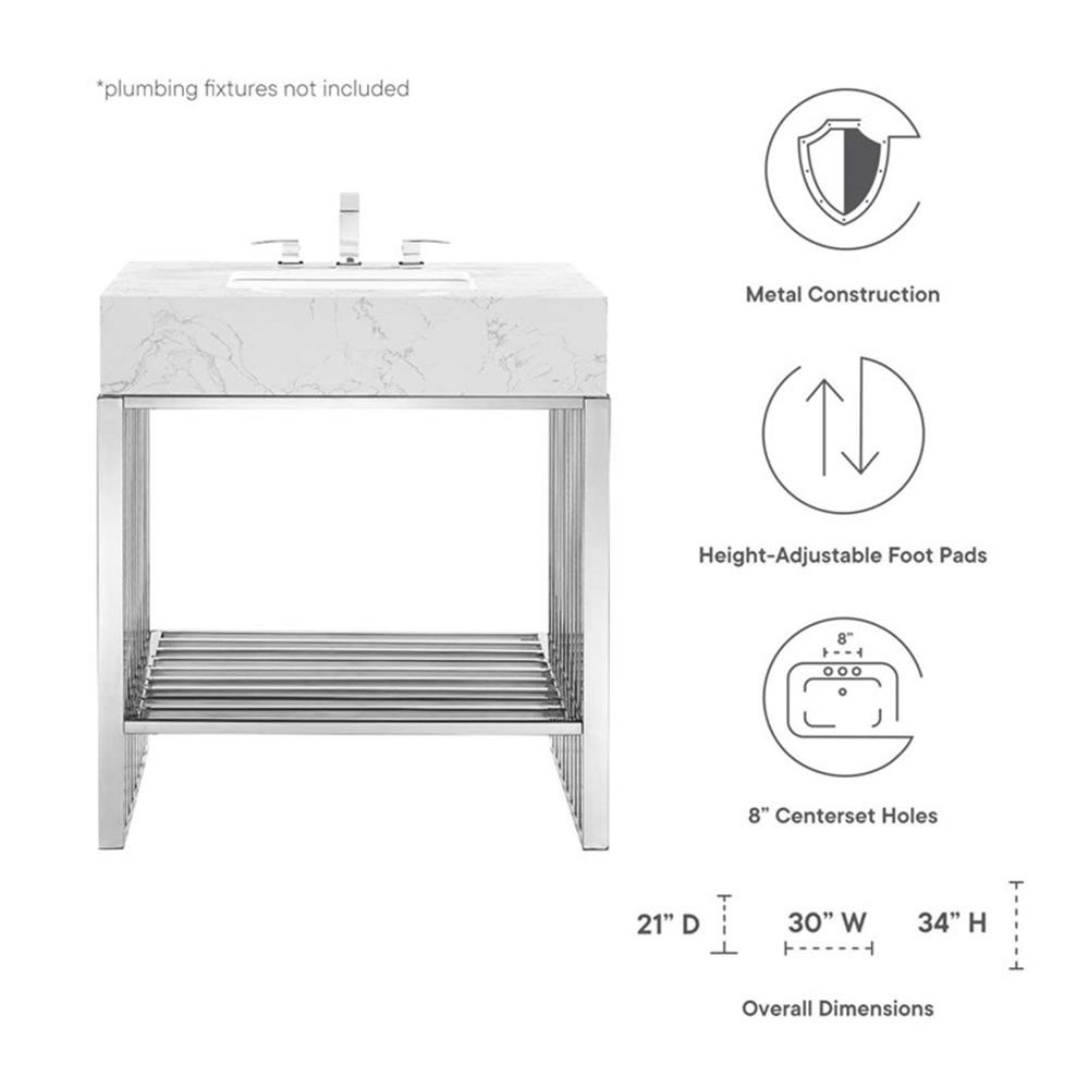Pemberly Row 30″ Stainless Steel Bathroom Vanity in White/Silver