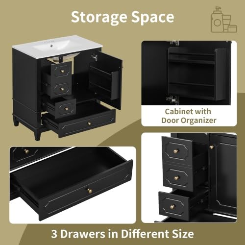 Bellemave 30″ Bathroom Vanity with Ceramic Sink & 3 Drawers, Bathroom Cabinet…