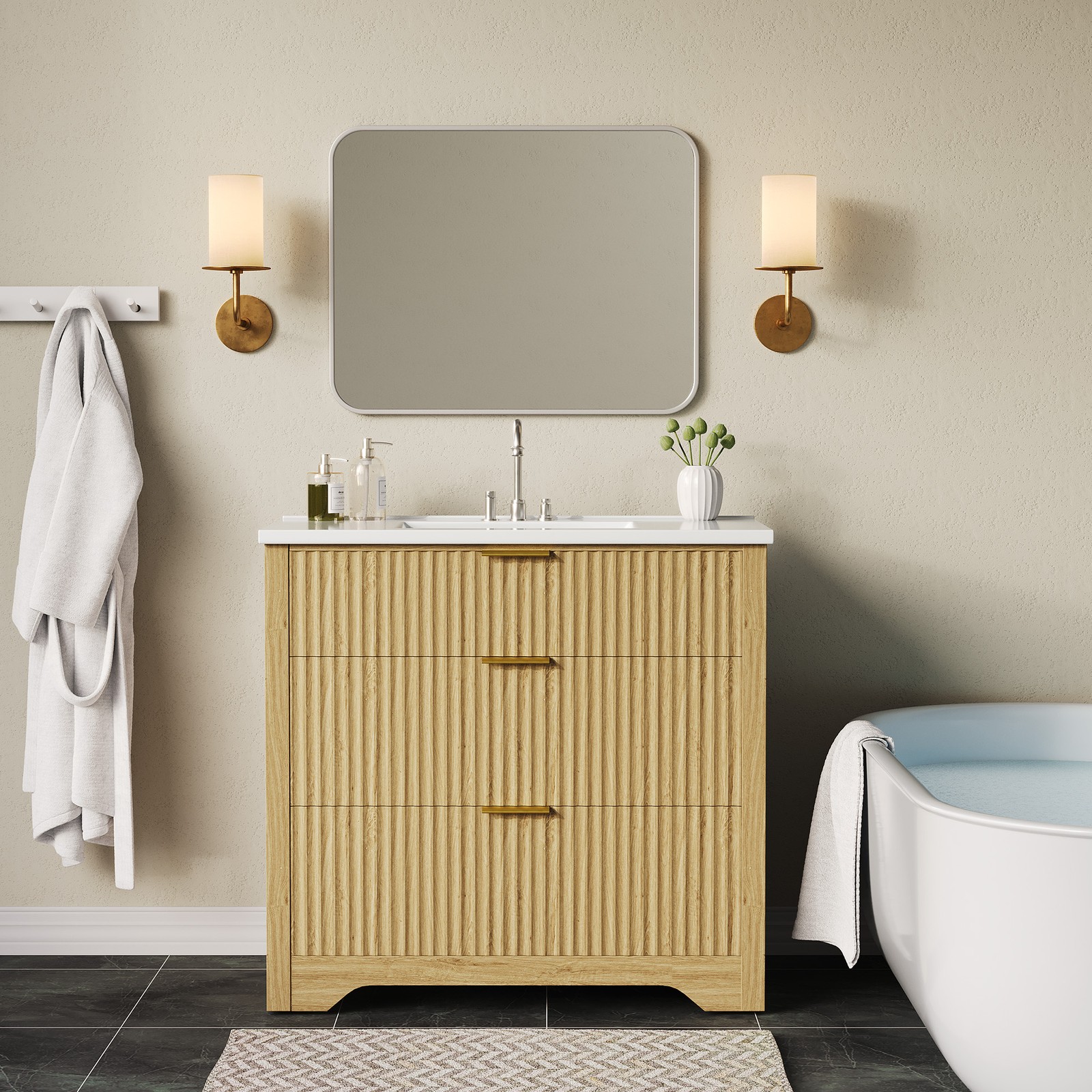 36” Fluted Bathroom Vanity Modern Freestanding Cabinet with Sink & 3 Drawers
