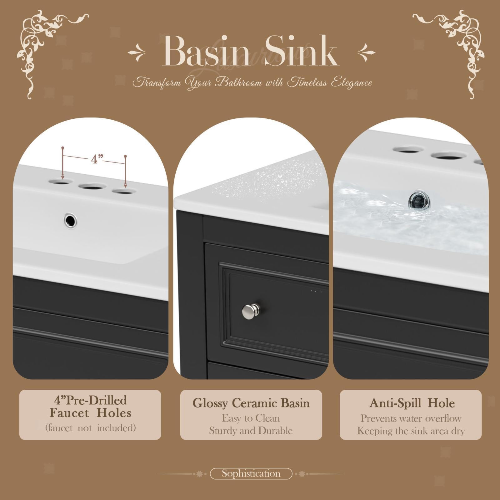 Elegant Black 36” Bathroom Vanity Cabinet with Pre-Drilled Sink, MDF Frame &