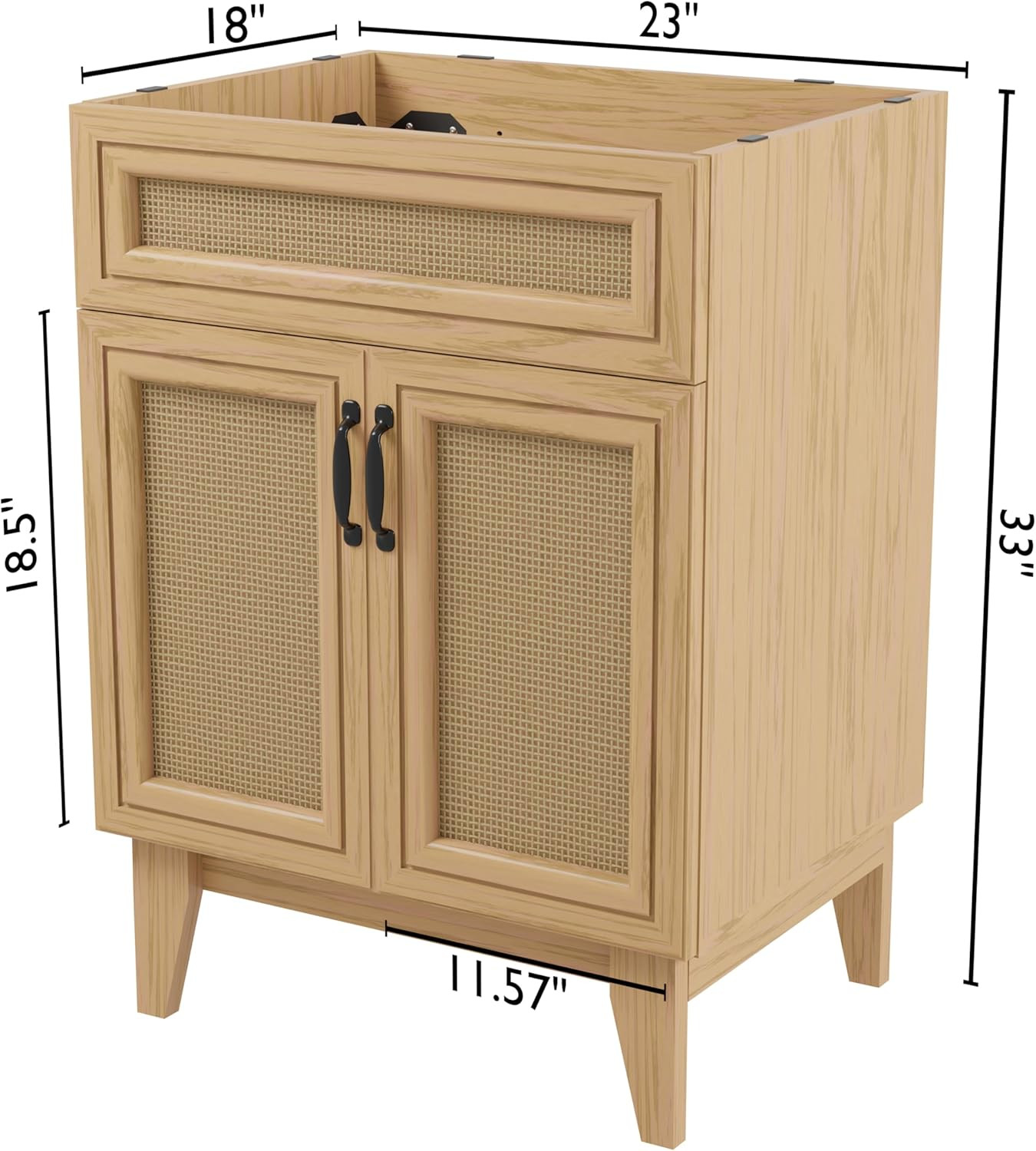 Modern Farmhouse Rattan Bath Vanity Cabinet, 24″ W, Oak, 2 Shelves