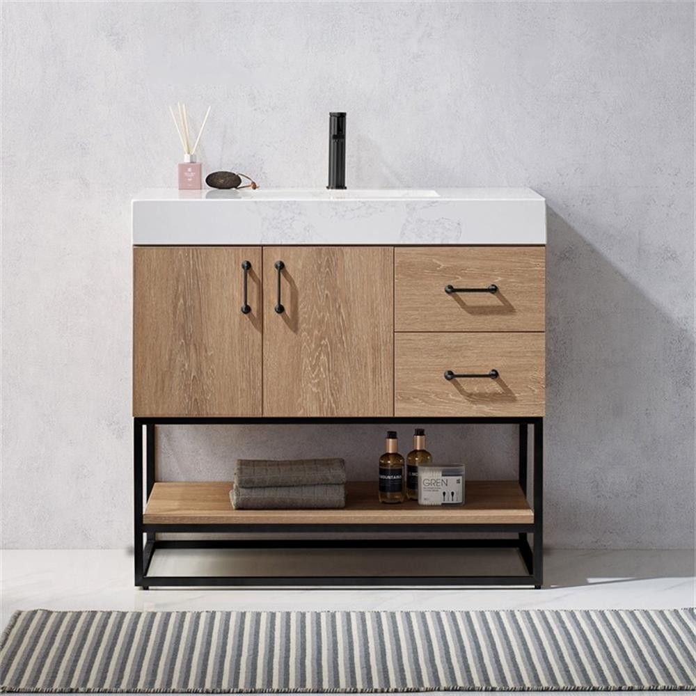 Pemberly Row 36″ White Stone Top Oak Single Vanity Black Frame w/o Mirror