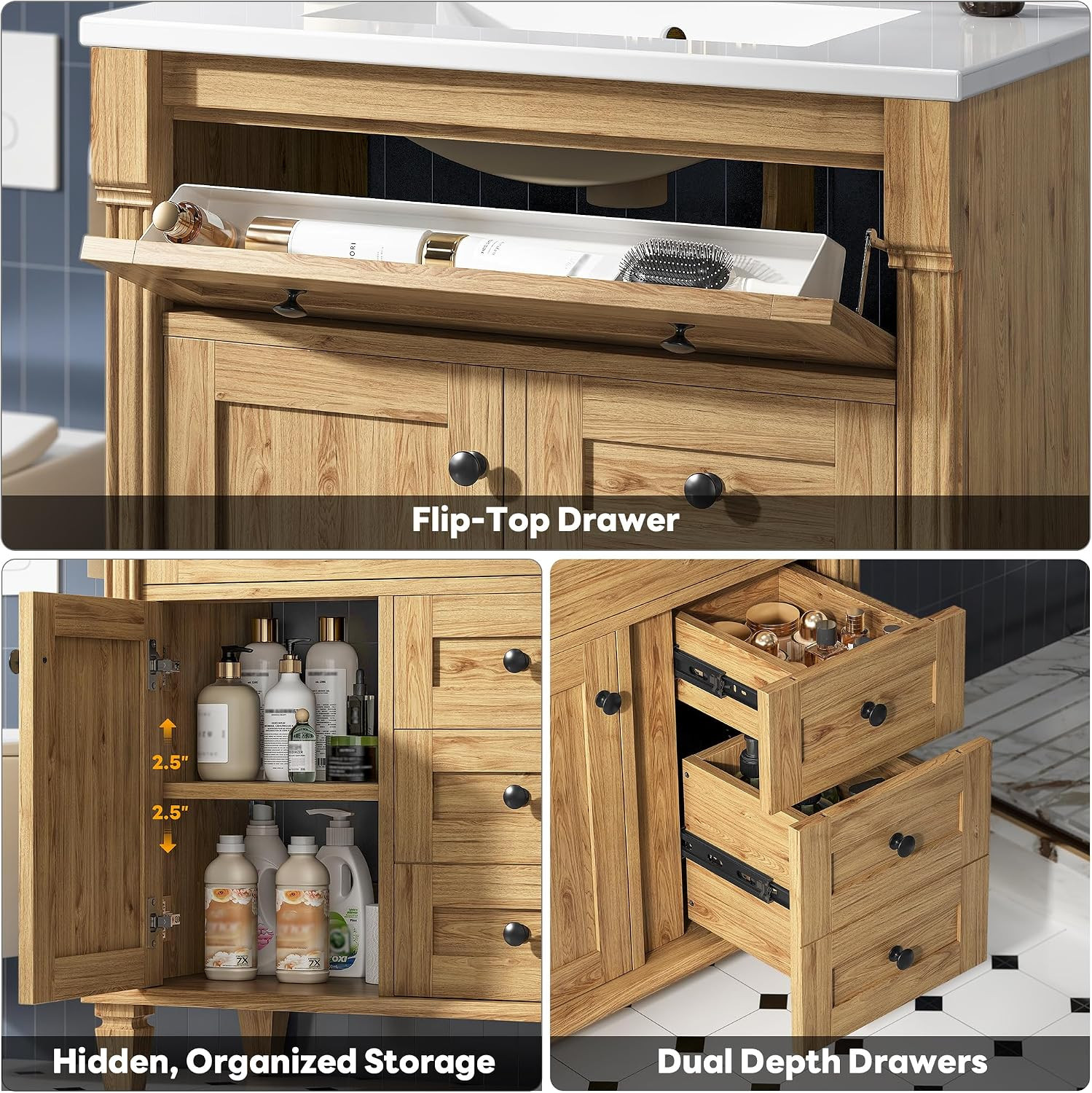30 Inch Bathroom Vanity with Sink, Towel Holder & Adjustable Solid Wood Legs for