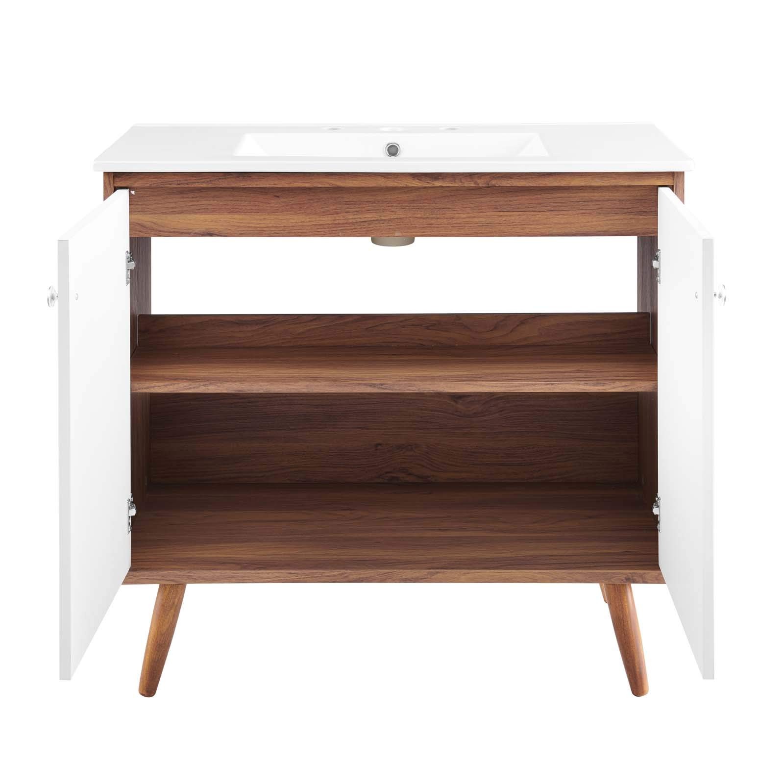 Modway Transmit 36″ Modern Wood and Ceramic Bathroom Vanity in Walnut/White