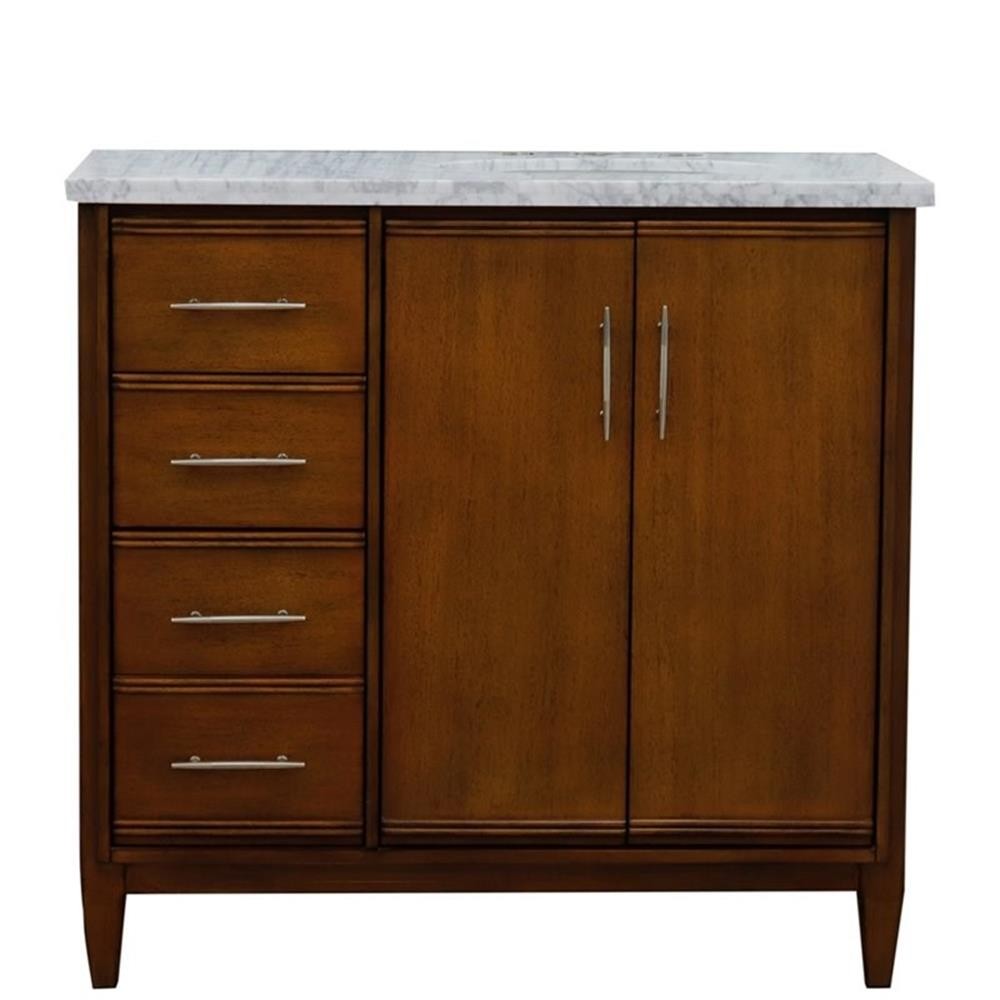 MCM Solid Wood Single Vanity with Right Oval Sink in Walnut/White Carrara
