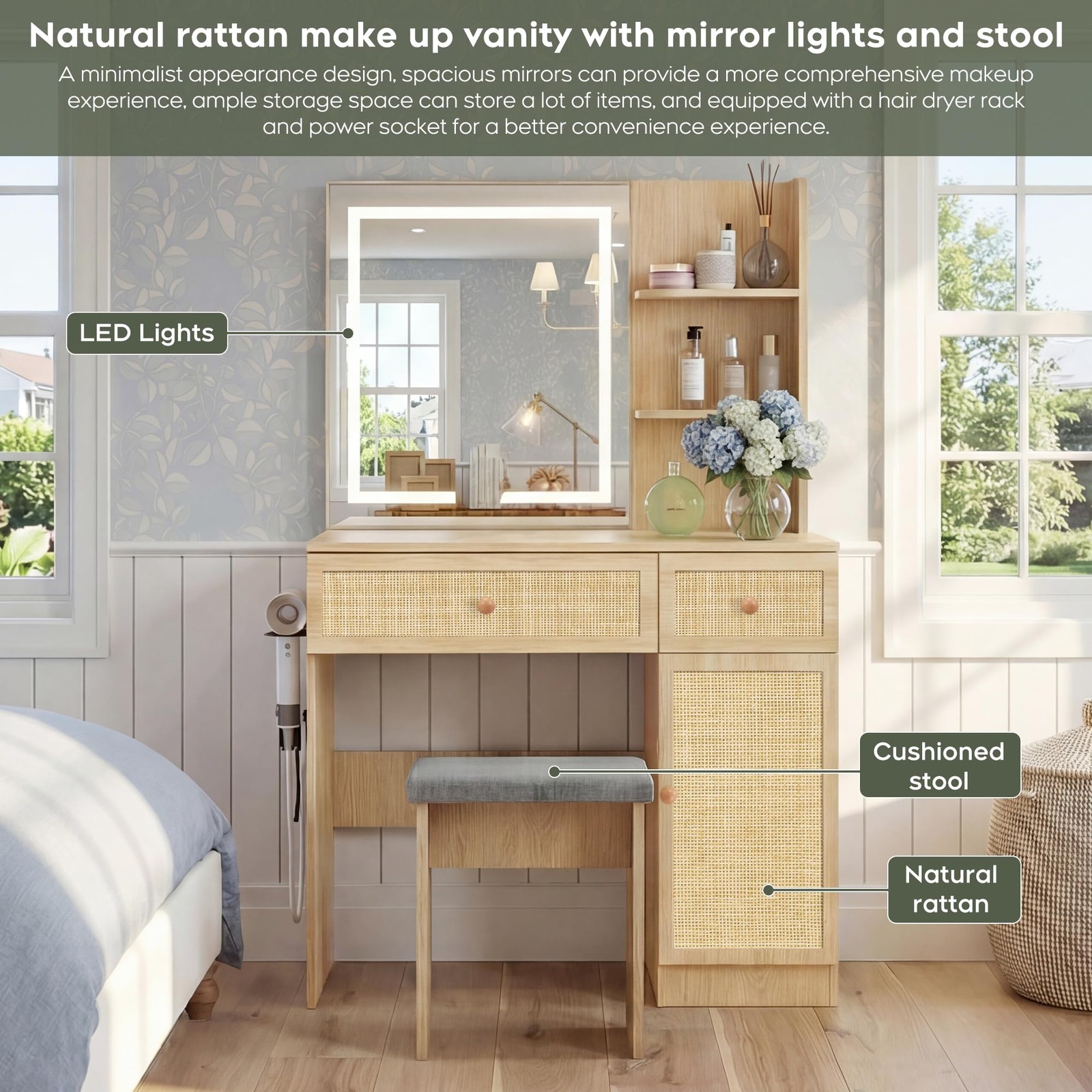 35 Boho Vanity Desk LED Mirror Power Strip Rattan Drawers Storage Shelves Stool