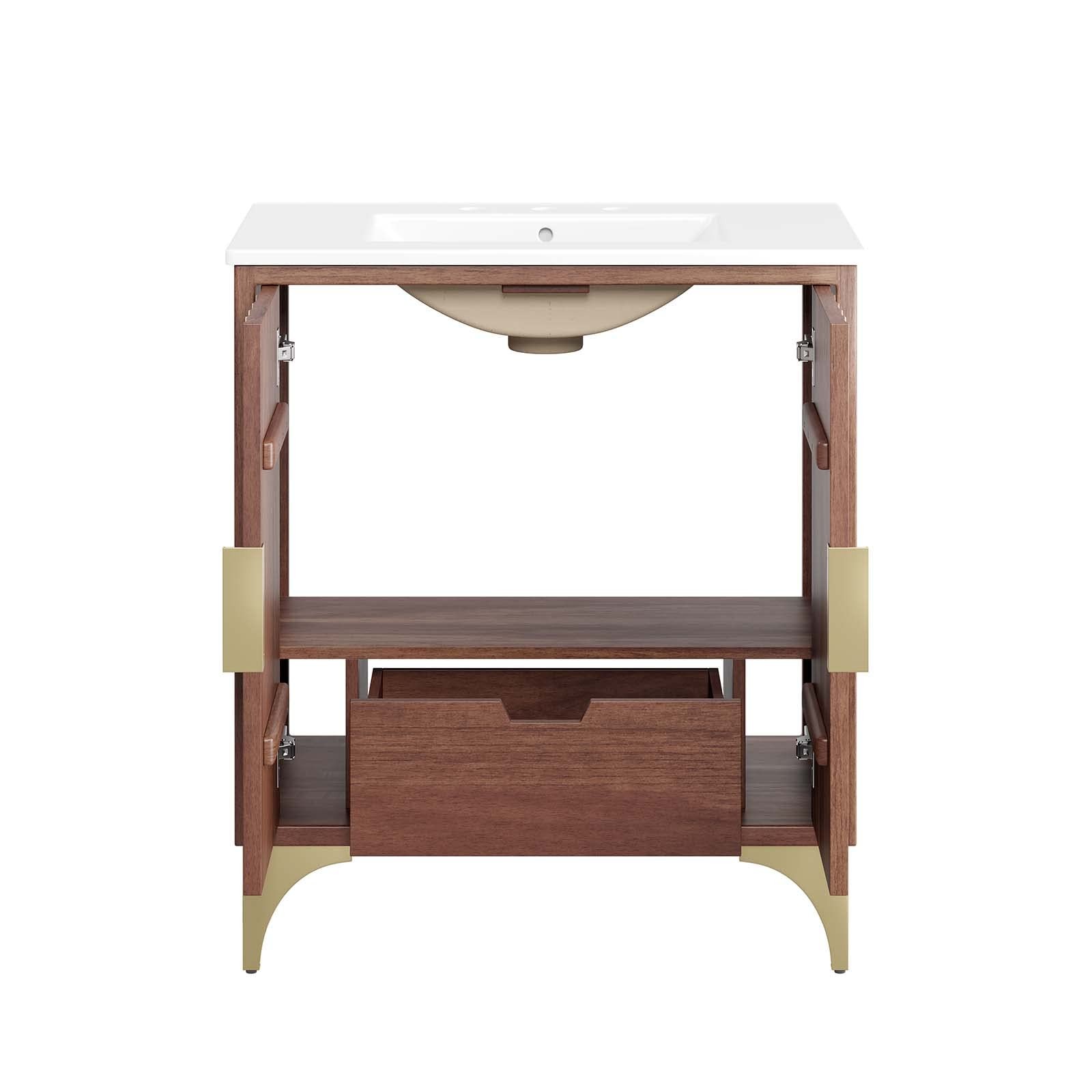 Pemberly Row 30″ Solid Mango Wood Bathroom Vanity in White/Walnut