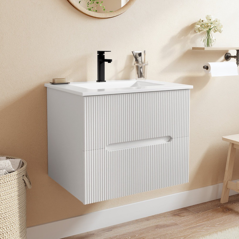 24″ Wall Mounted Single Bathroom Vanity with Ceramic Sink & Faucet, White/Oak