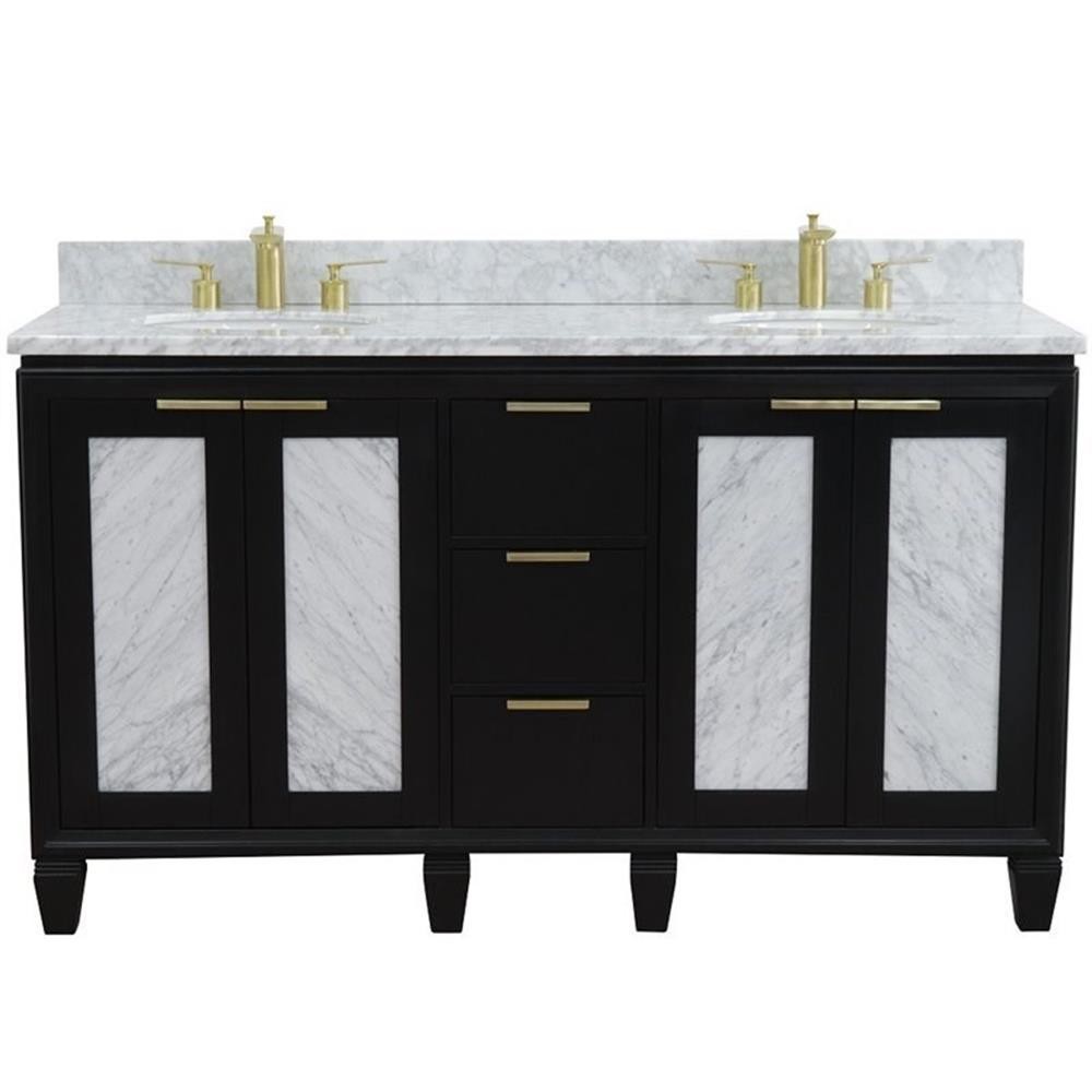 Pemberly Row 61″ Double Oval Sink Solid Wood Vanity in Blue/White Carrara