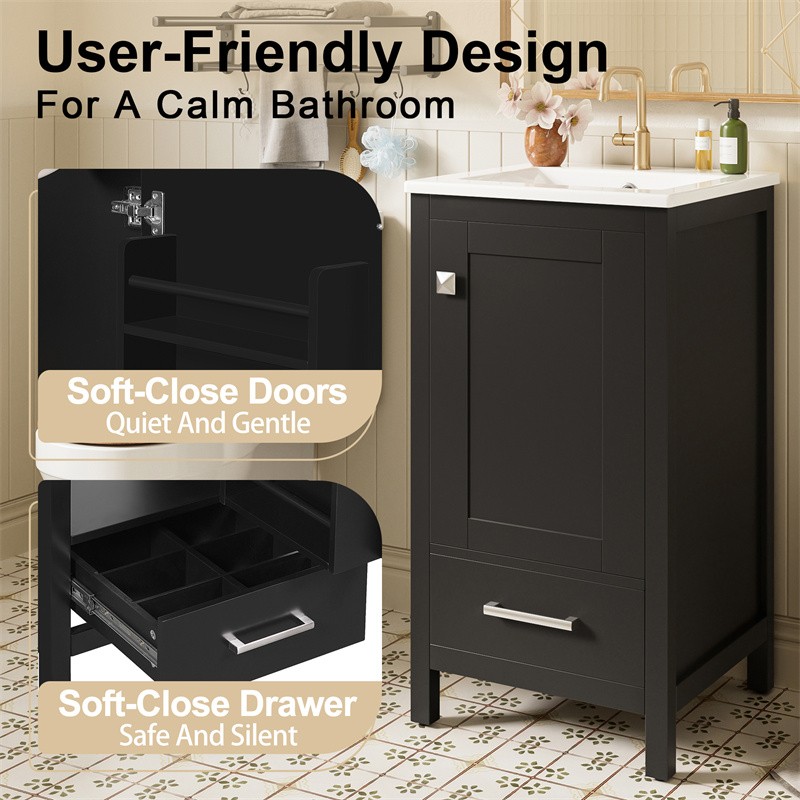 18″ Modern Bathroom Vanity with Ceramic Sink,Soft-Close Drawers & Door Organizer
