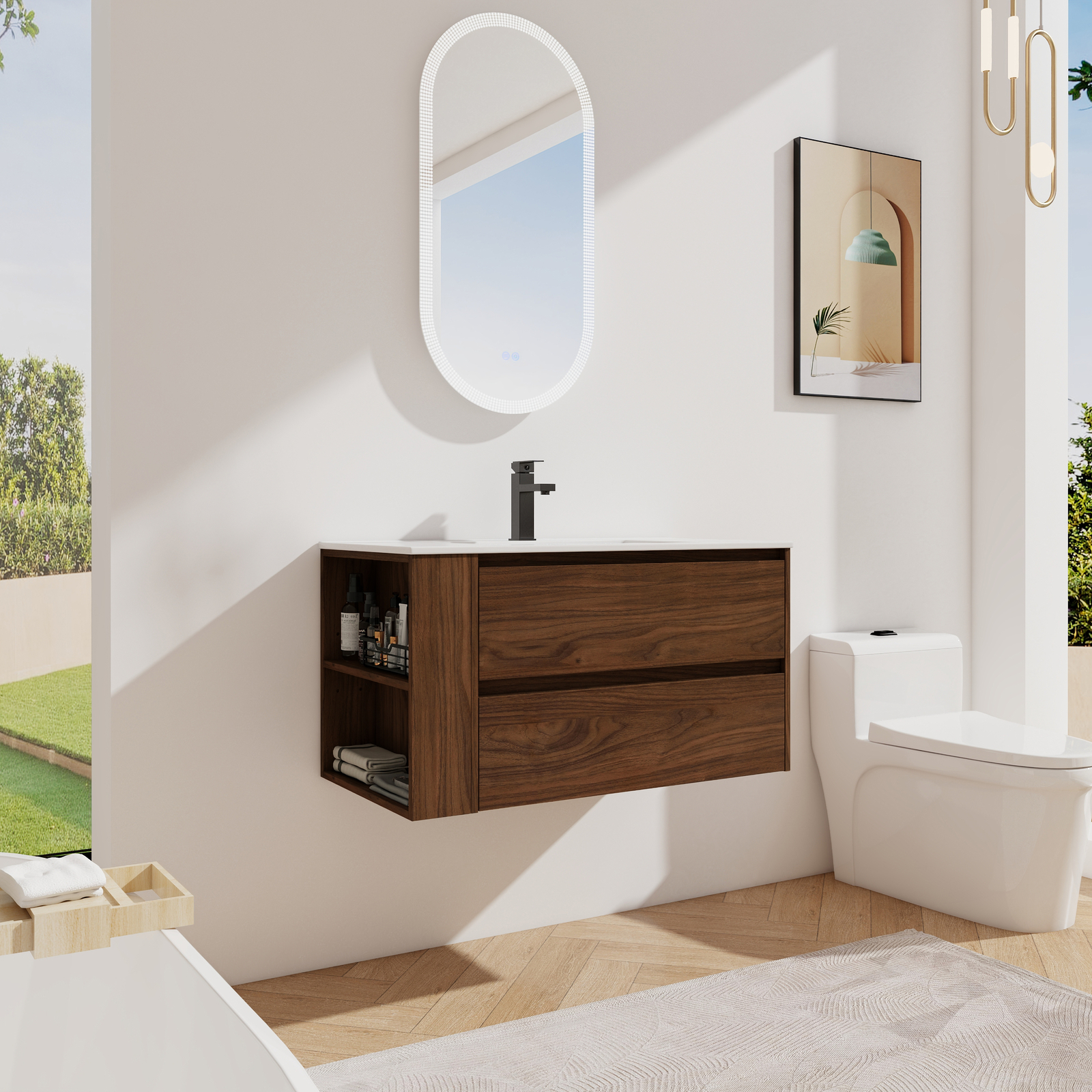 36In Wall Mounted Bathroom Vanity Cabinet W/ Undermount Ceramic Sink Side Shelf