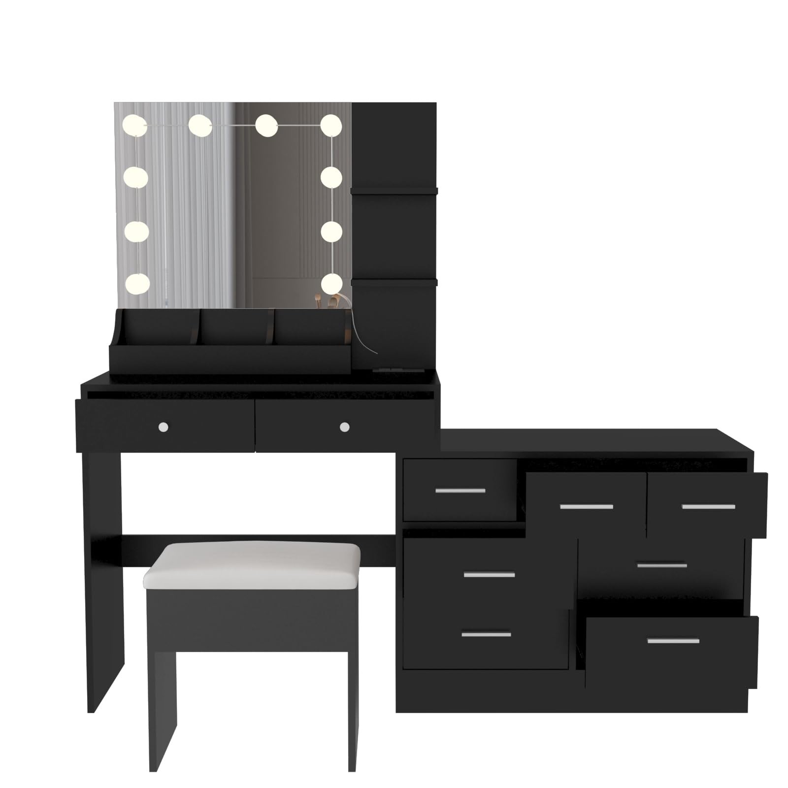 Vanity Table Dresser w/ Light Mirror Charging 10 LED Stool Drawers Shelves Black