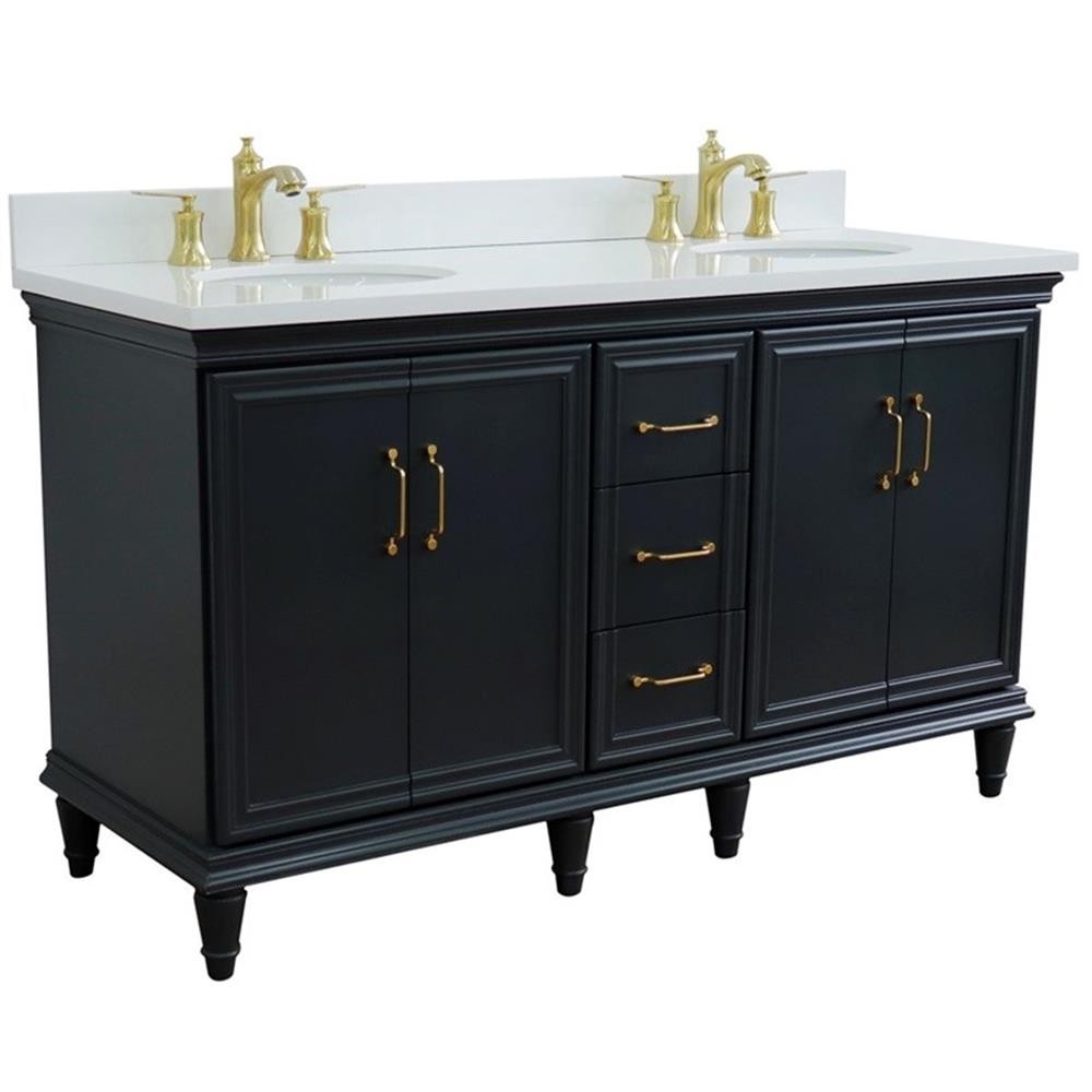 Pemberly Row 61 in. Double Wooden Vanity Dark Gray White Quartz Oval Sink