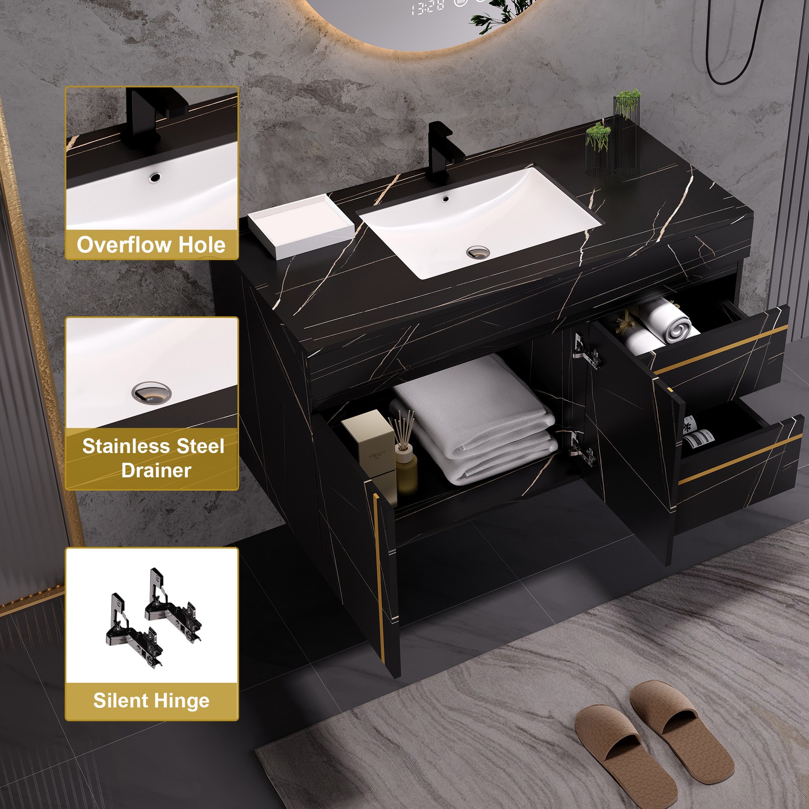 35.4″ Wall Mounted Bathroom Vanity with Sink, Floating Vanity Cabinet, 2 Drawers