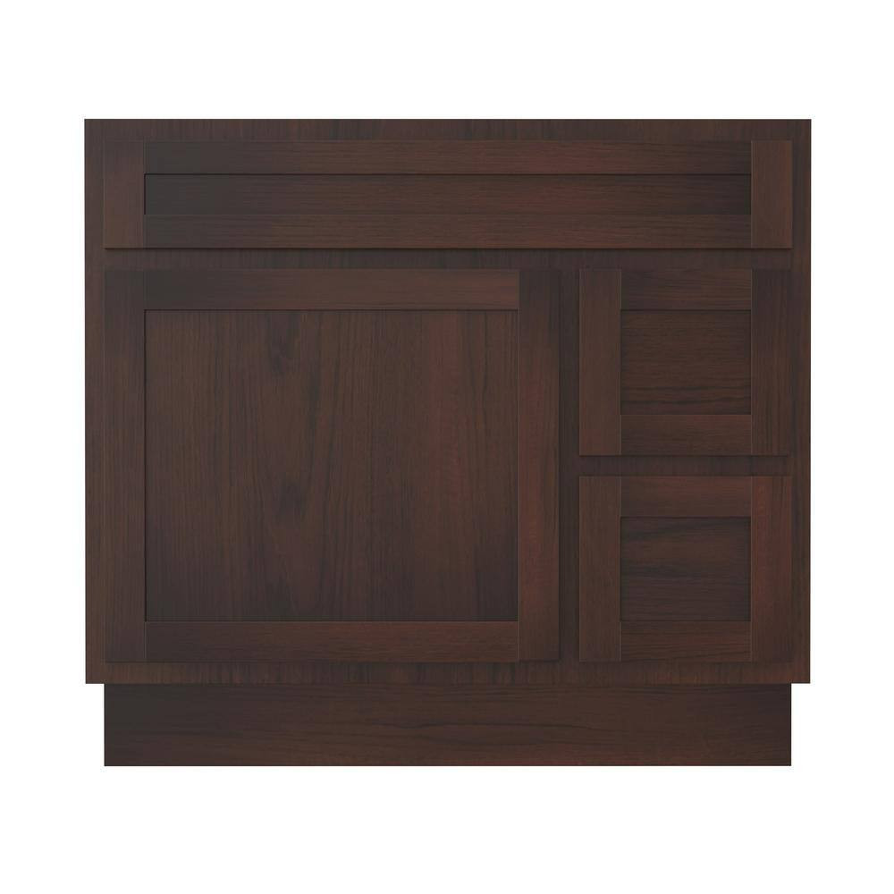 36 In. W X 21 In. D X 32.5 In. H 2-Right Drawers Bath Vanity Cabinet Only in Bro