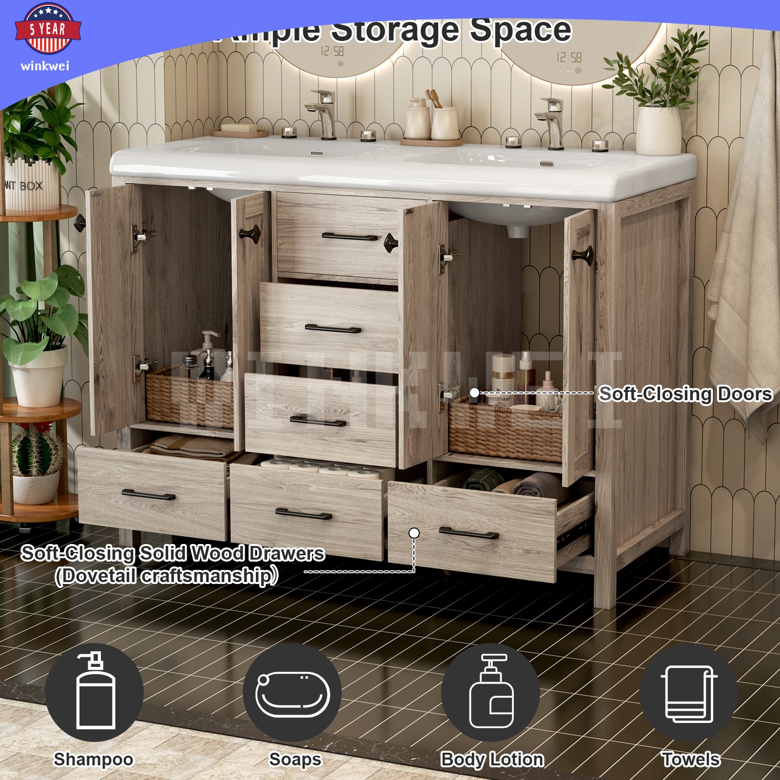 47.3″ Grey Bathroom Vanity Vanity Top Double Sink Ceramic 5 Drawer Freestanding