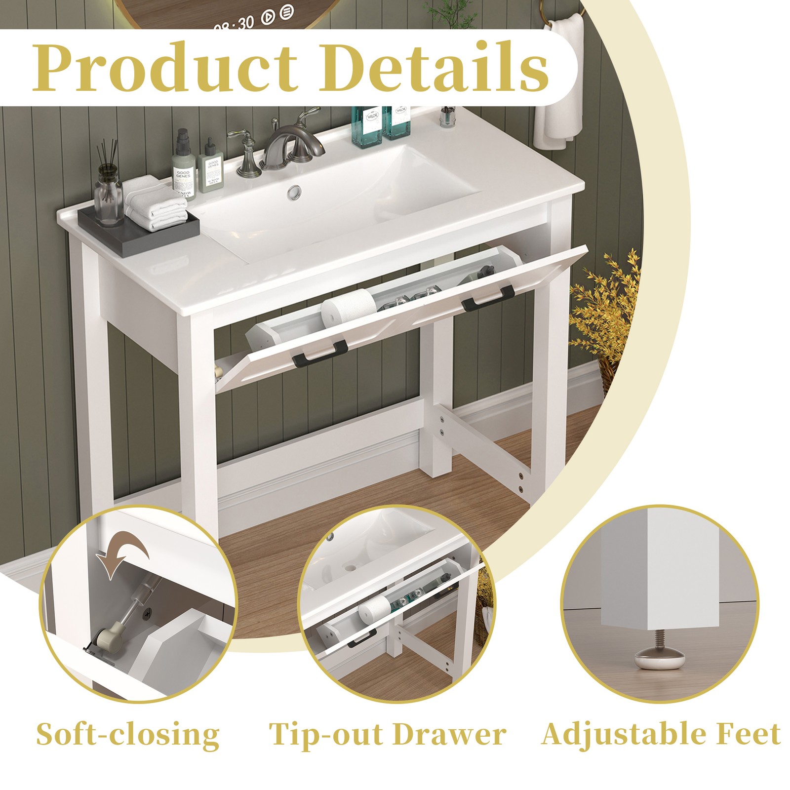 36″ Bathroom Vanity w/ a Tip-out Drawer & Ceramic Sink ADA Compliant for Elderly