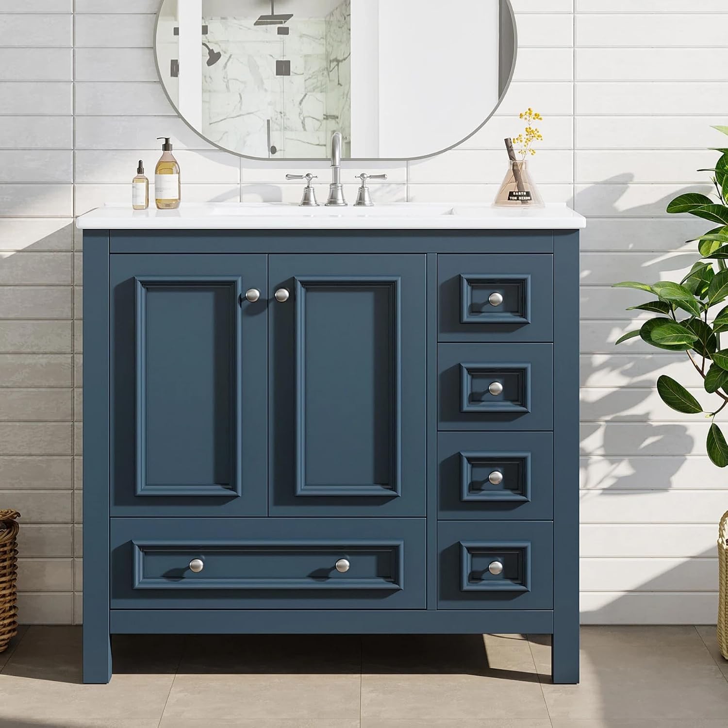 36″Bathroom Vanity with Sink, Freestanding Bathroom Vanities Cabinet w/ 4 Drawer