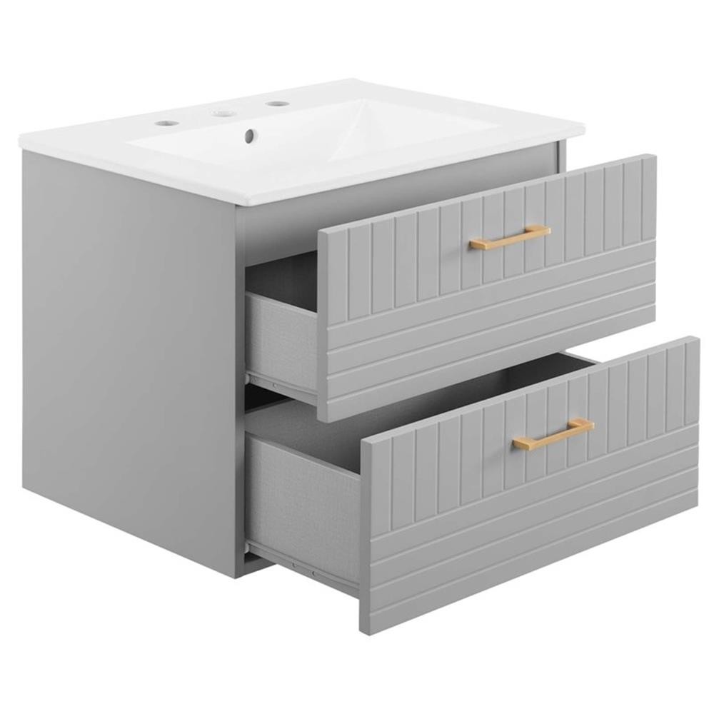 Pemberly Row 24″ Modern Wood/Ceramic Bathroom Vanity in Light Gray/White