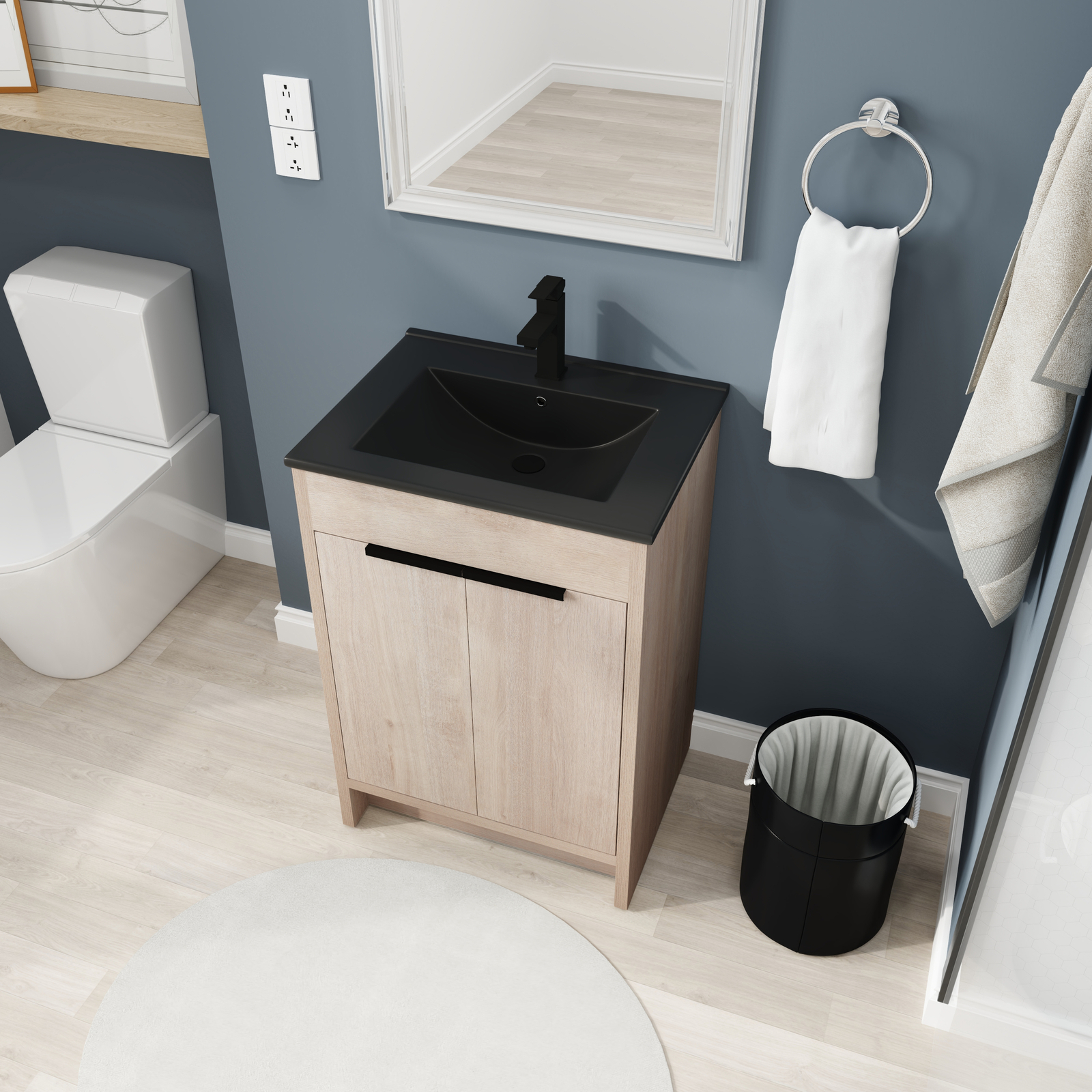 24″Wooden Floor Free Standing Bathroom Vanity Black Sink Cabinet For Small Space