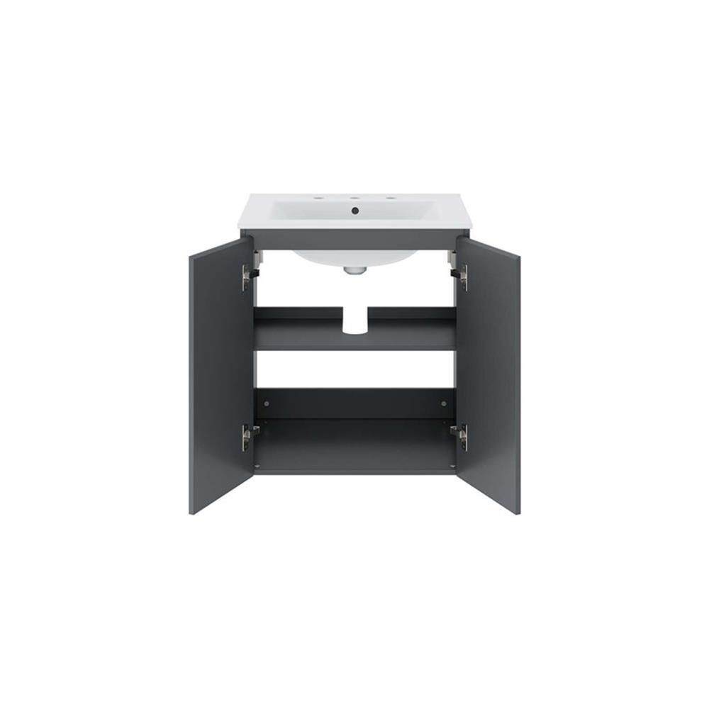 Modway Bryn 24″ Modern Wood/Ceramic Wall-Mount Bathroom Vanity in Gray/White