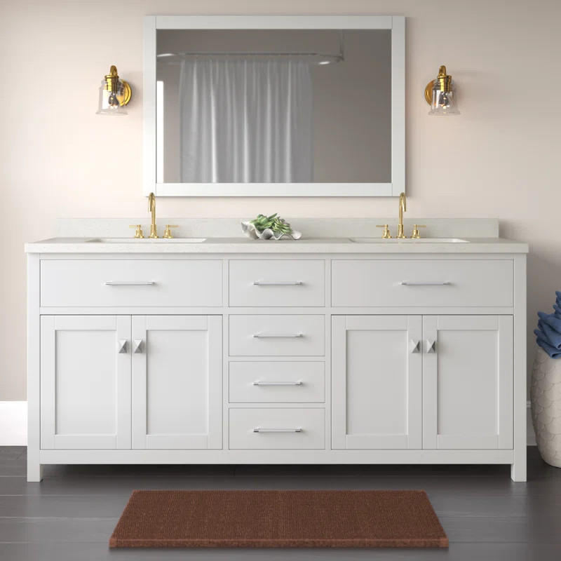 72″ White Double Bathroom Vanity Cabinet Sparkle Quartz Countertop Square Sinks