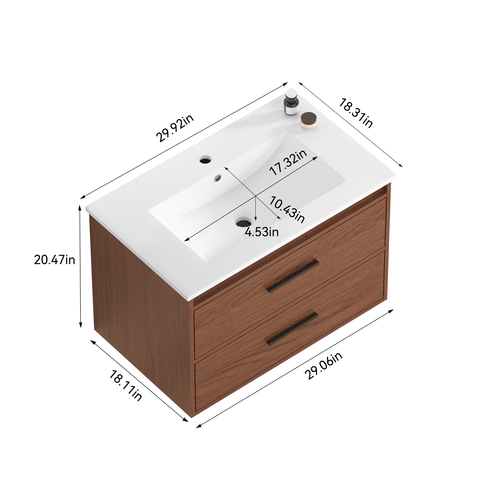30″ reddish brown Wall Mounting Bathroom Vanity with Soft Close 2 Drawers