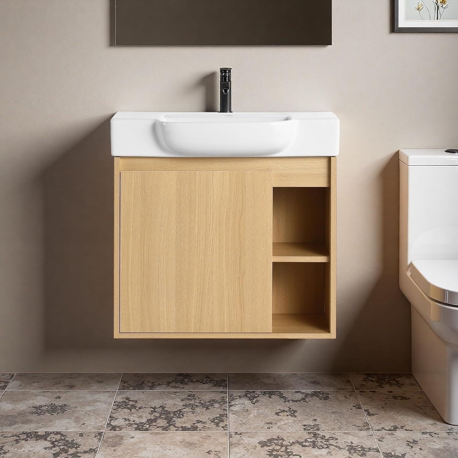 Modern 24″ Wall-Mounted Bathroom Vanity with Ceramic Sink & Open Shelves, Light