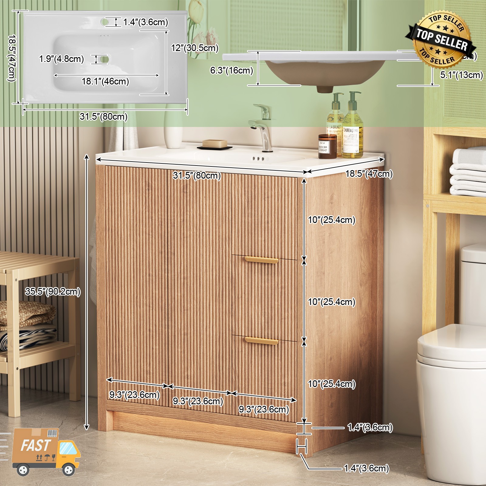 31 Inch Wooden Bathroom Vanity with Ceramic Sink Modern Bath Storage Cabinet