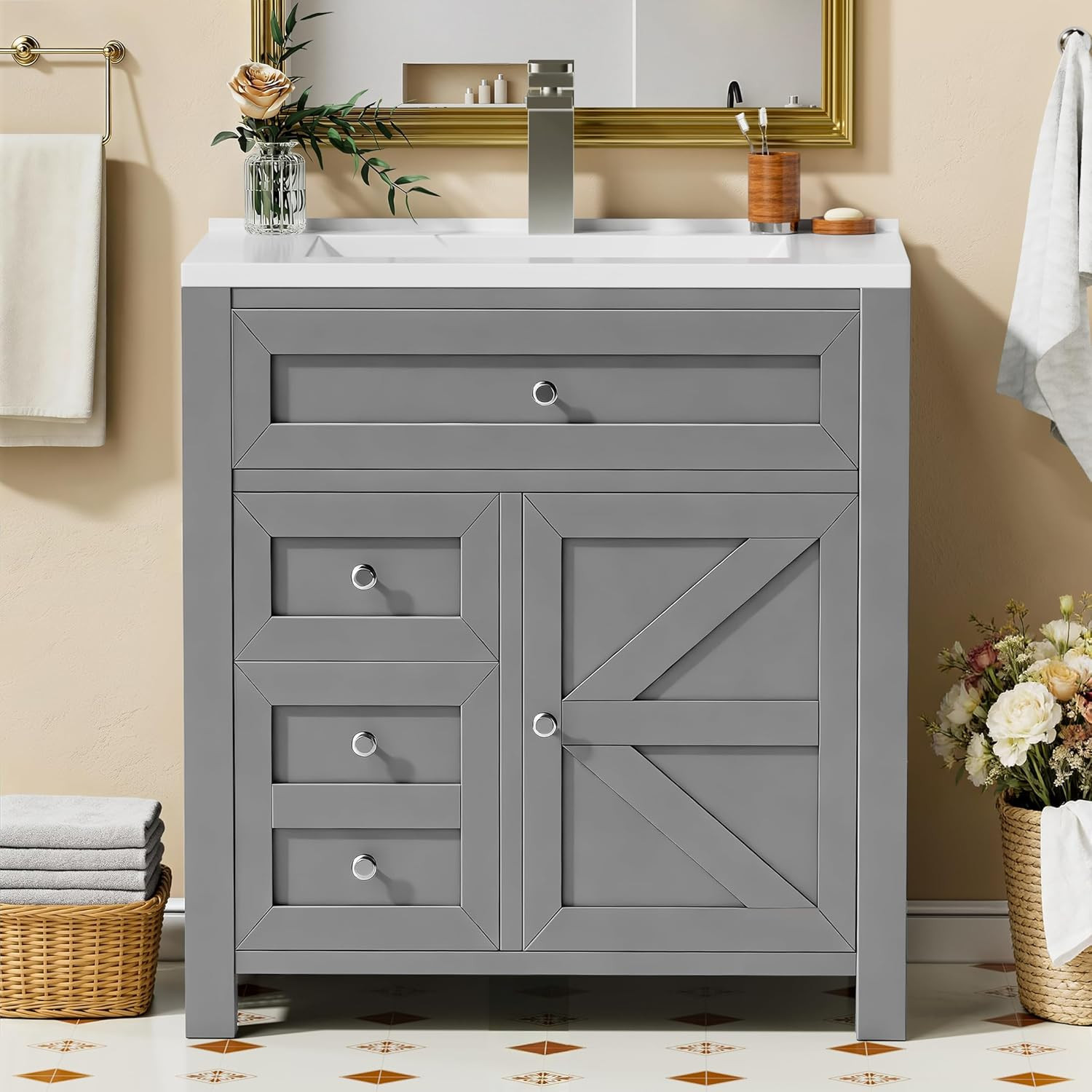 24″ Bathroom Vanity with Sink, Bathroom Storage Vanity Sink Cabinet with 2 Doors