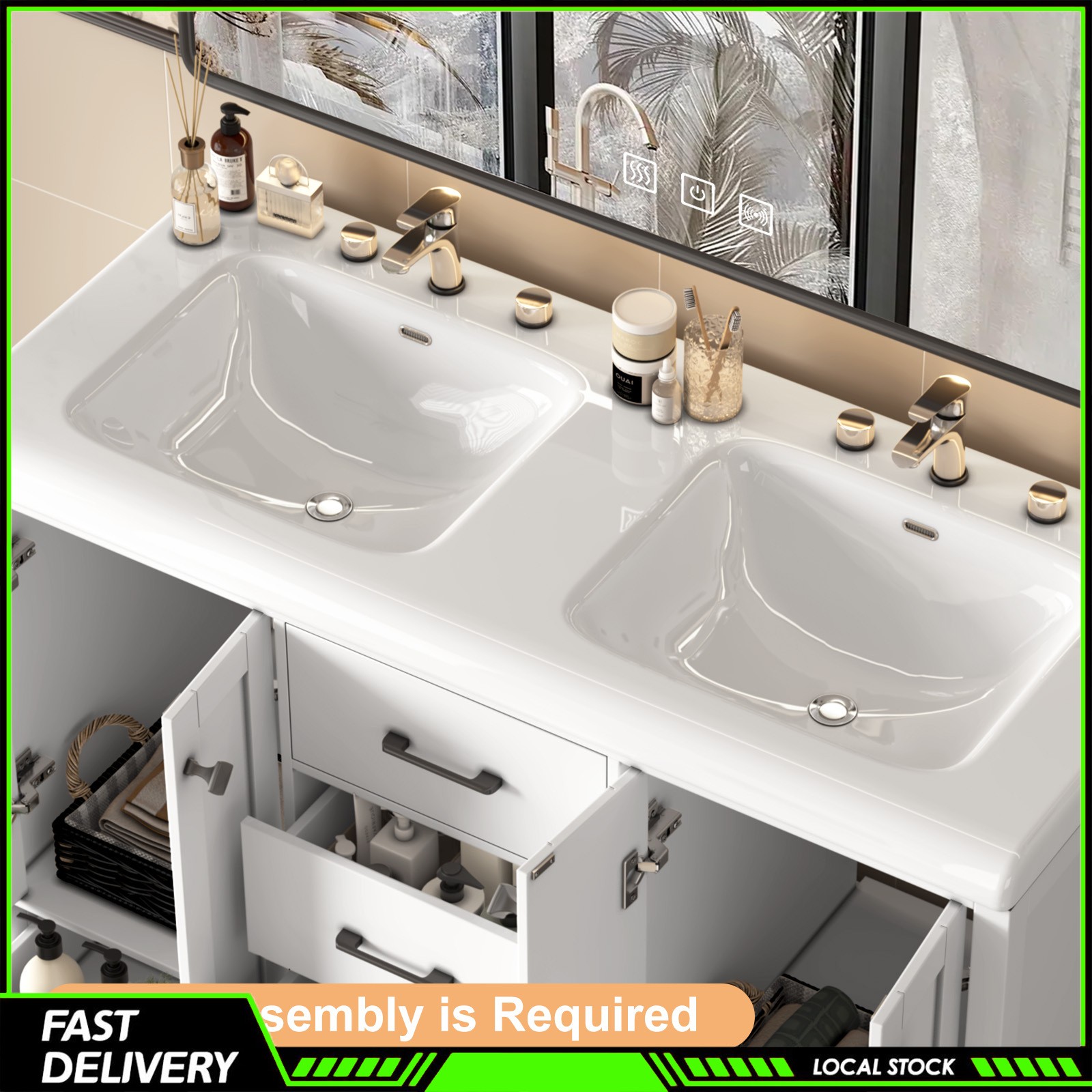 Double Ceramic Sinks 47.3″ Bathroom Vanity Freestanding Cabinet Storage Space
