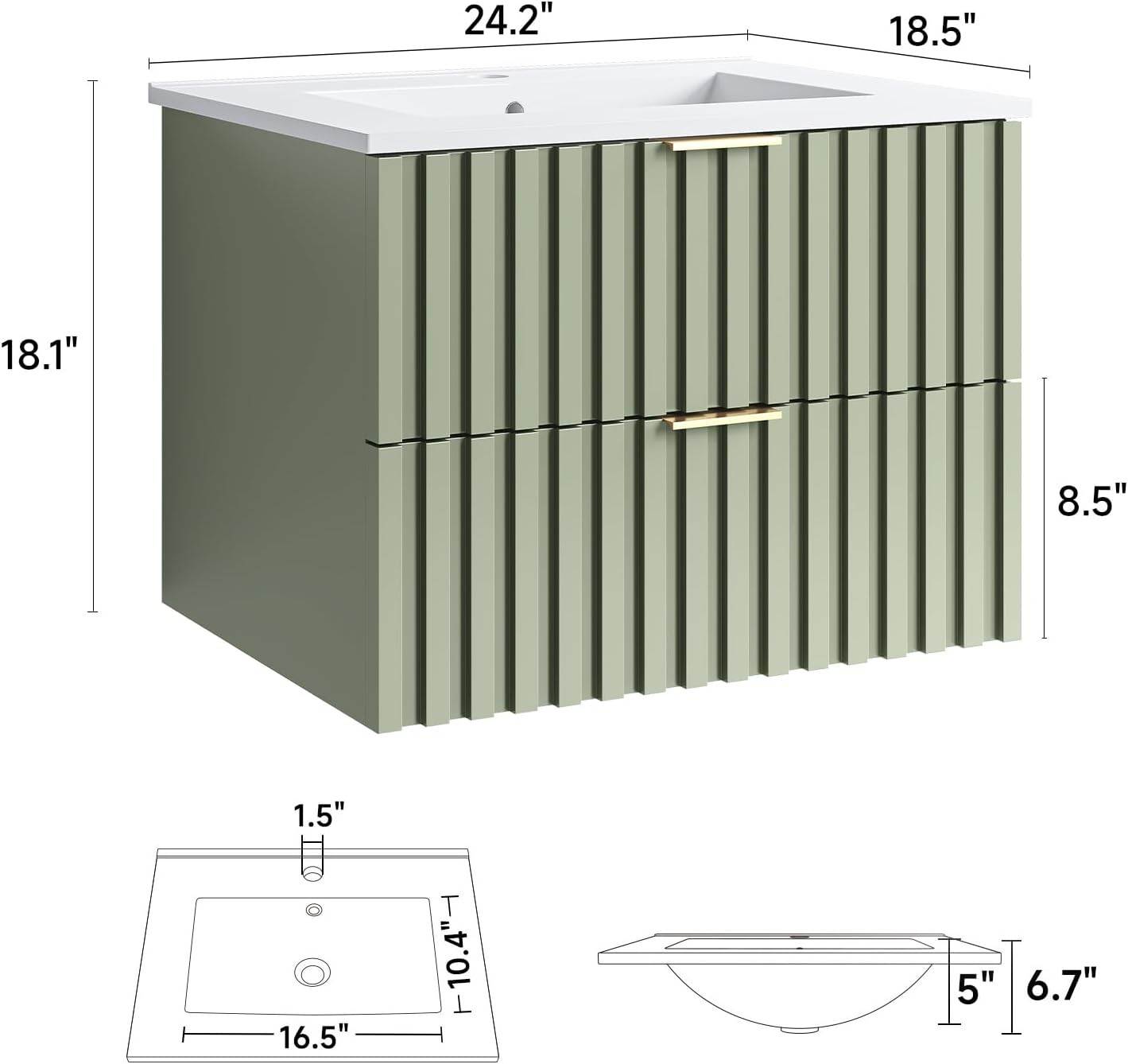 24 Inch Bathroom Vanity with Sink Combo Floating Bathroom Vanity with 2 Fluted