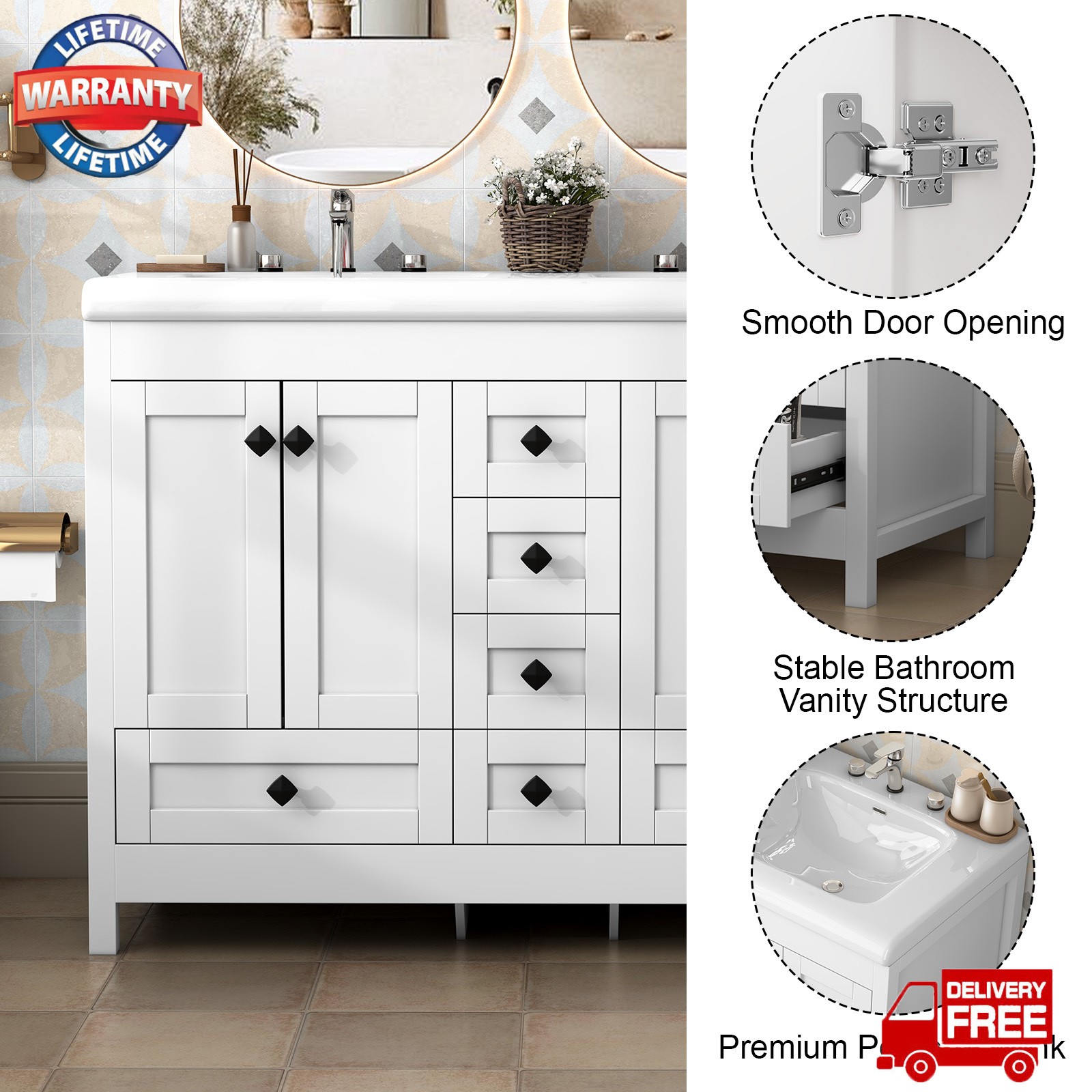 46″ Bathroom Vanity with Ceramic Sink Freestanding Storage Cabinet w/ 5 Drawers
