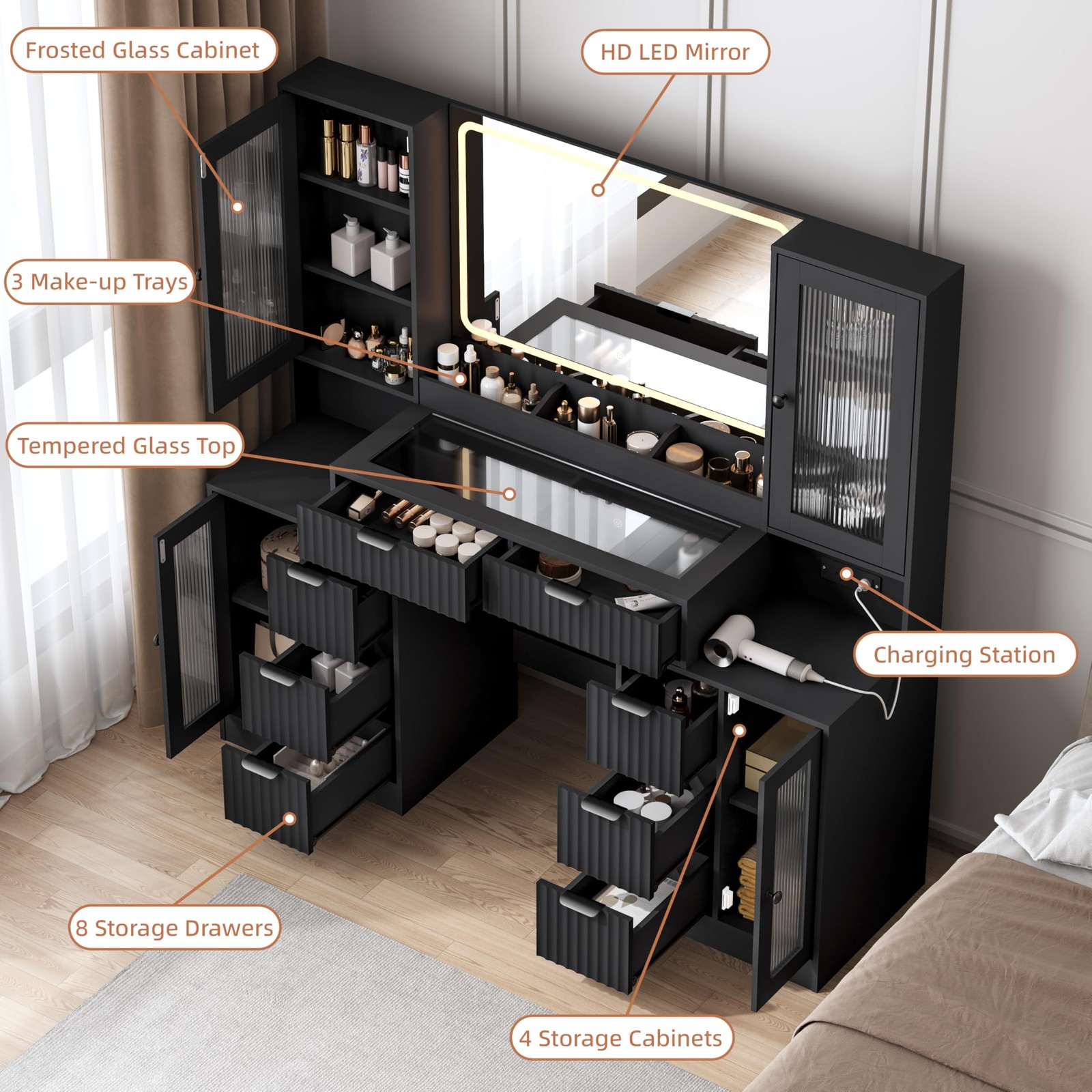 55 Vanity Desk with Mirror Lights 8 Drawers Tempered Glass RGB Charging Station