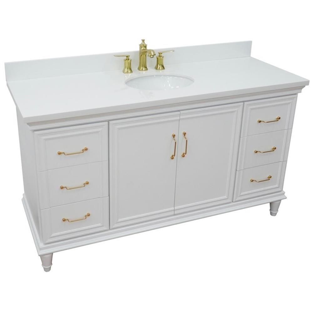 61 in. Single Wooden Vanity White with White Quartz Oval Sink