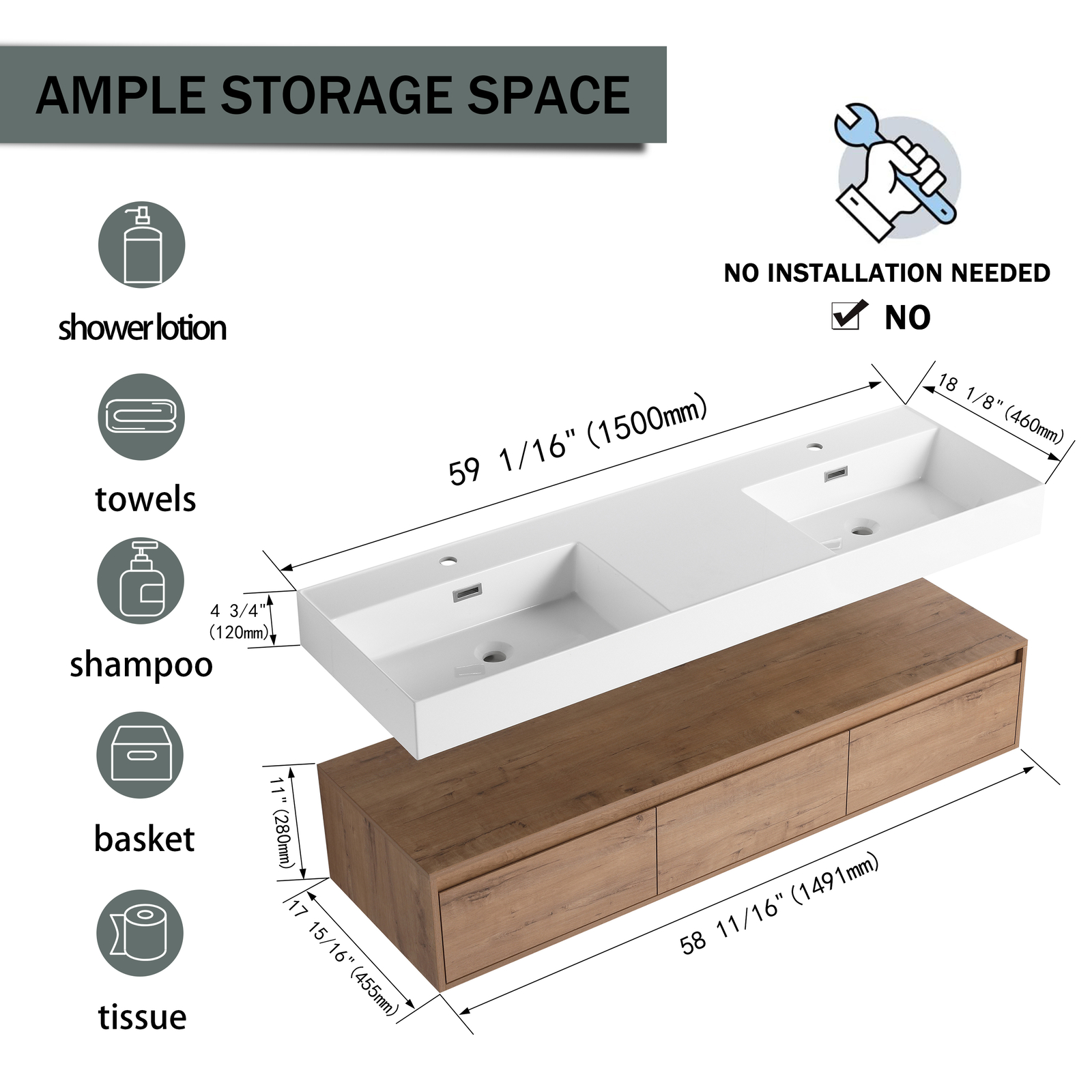60″ Wood Floating Wall Mounted Bathroom Vanity with Double Resin Sink +3Drawers