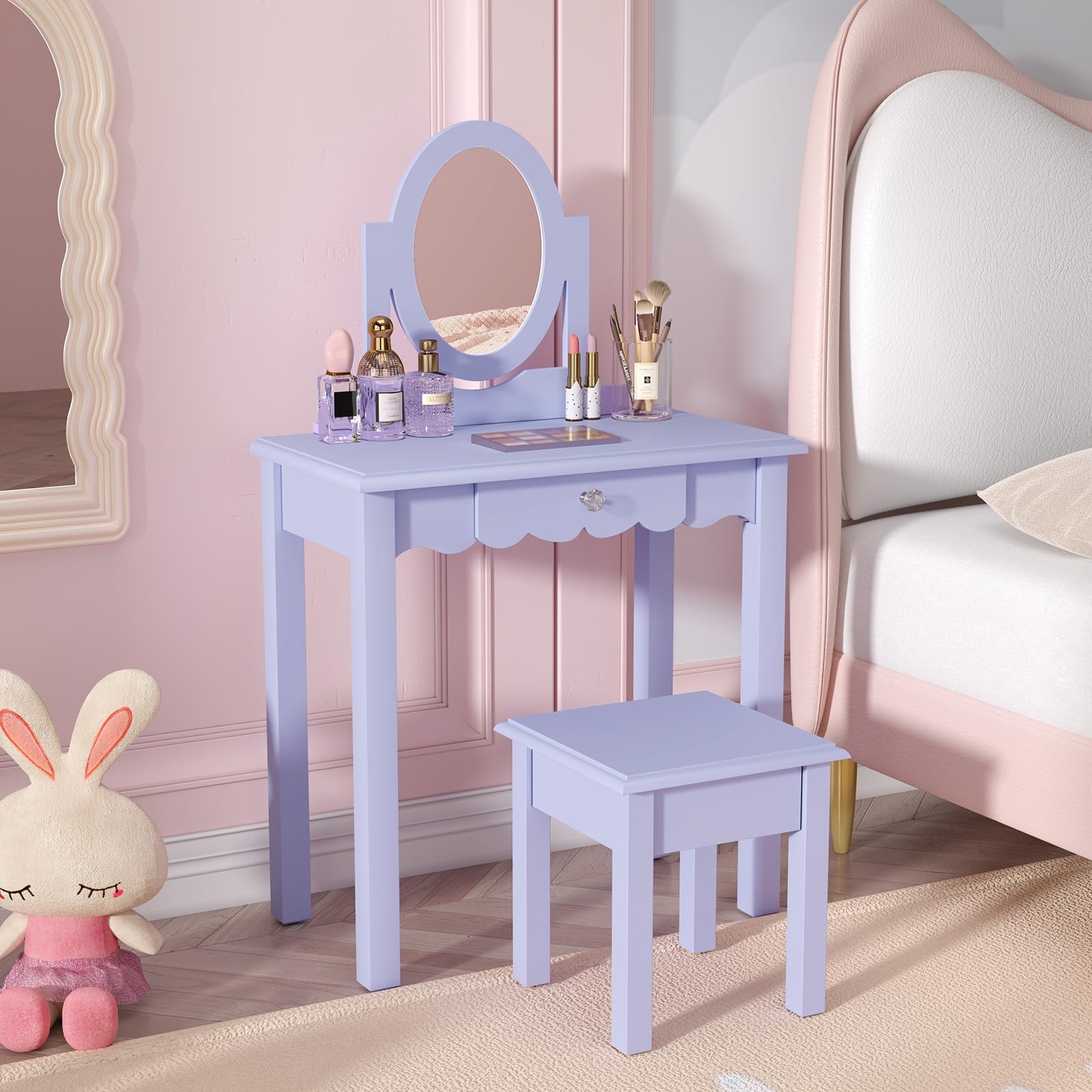 Wooden 2-in-1 Kids Vanity Desk Set with Mirror Stool Detachable Top