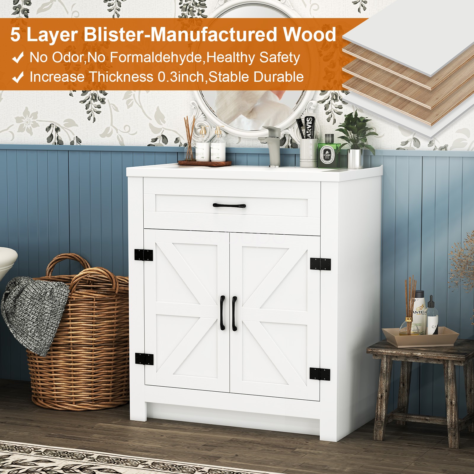 23” Bathroom Vanity w/Ceramic Sink Modern Freestanding Storage Vanity Cabinet