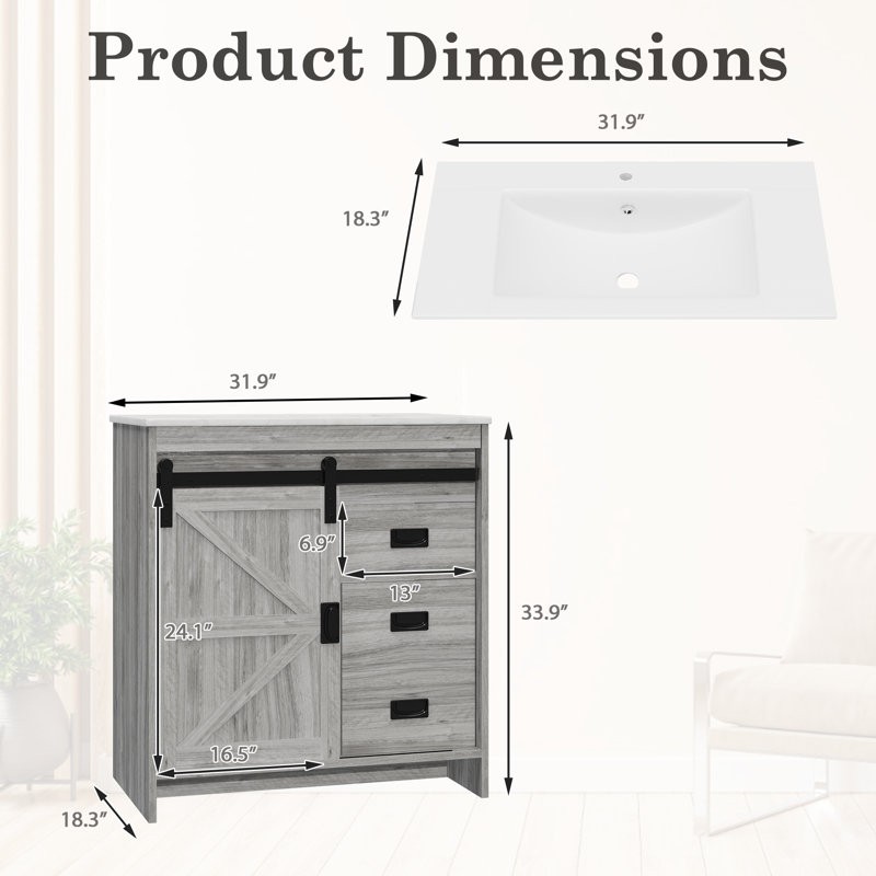 HOMMOW Farmhouse Single Bathroom Vanity with Top,Sliding Barn Door Sink Vanity