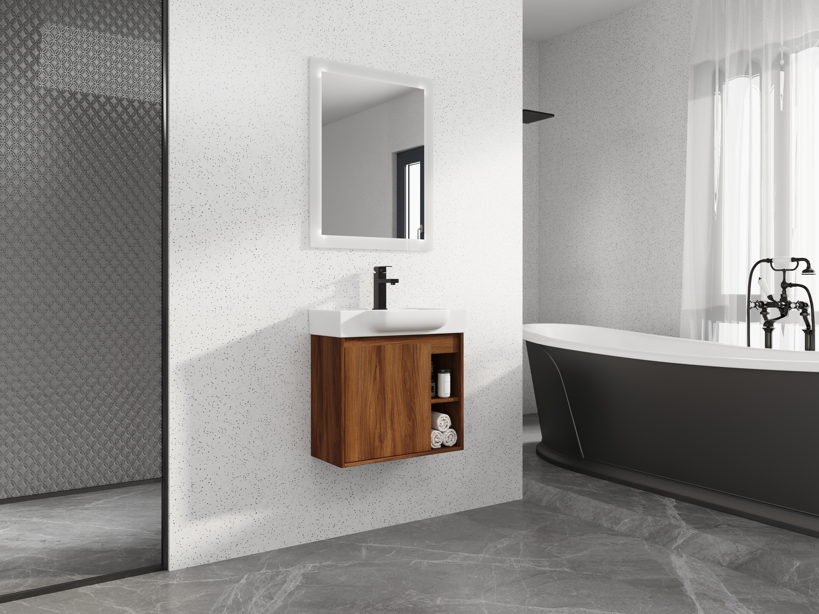 24in Plywood Wall-Mounted Bathroom Vanity W/ Ceramic Sink Basin and Shelf Brown