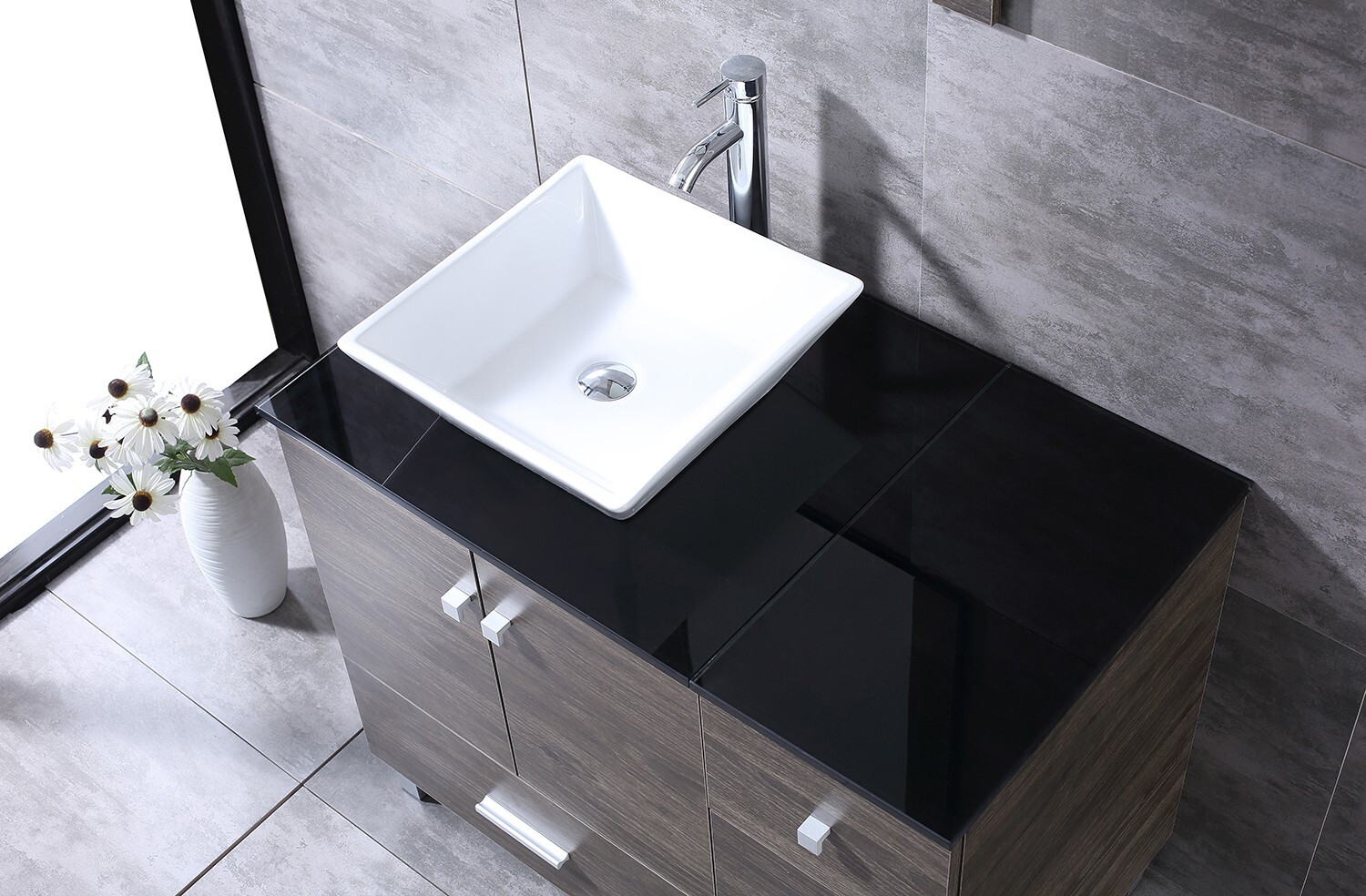 36inch Bathroom Vanity Single Cabinet 4 Ceramic Sink w/Black Glass Top Set Brown