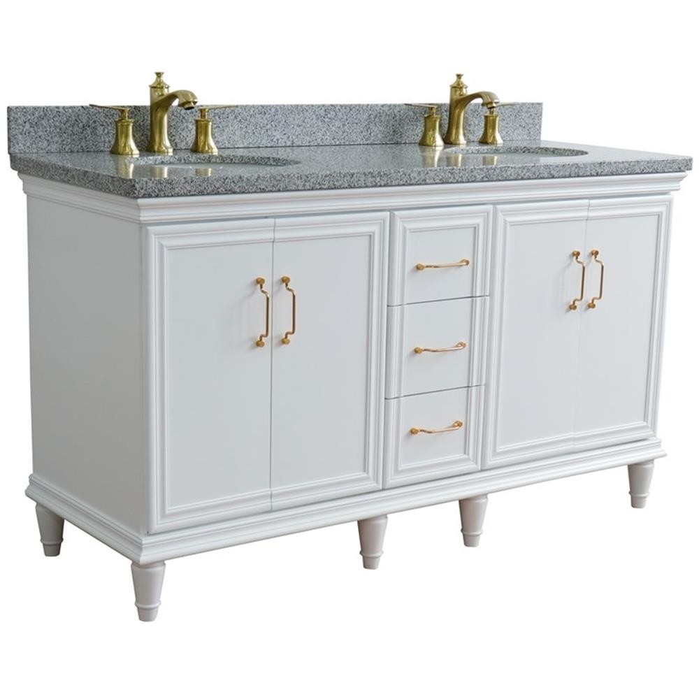 61 in. Double Wooden Vanity White Gray Granite Oval Sink