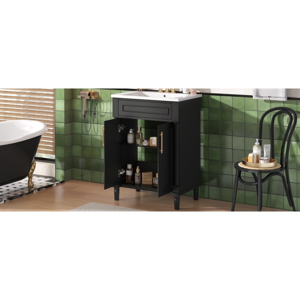 24in Bathroom Vanity Integrated Ceramic Sink 2 Doors Small Medium Restroom