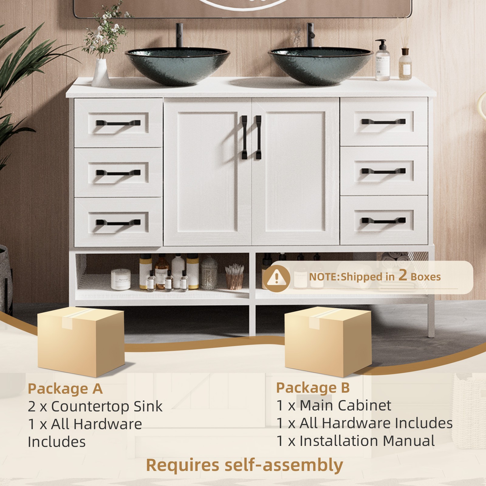 48″ Bathroom Vanity with Tempered Glass Sink Open Shelves and 6 Storage Drawers