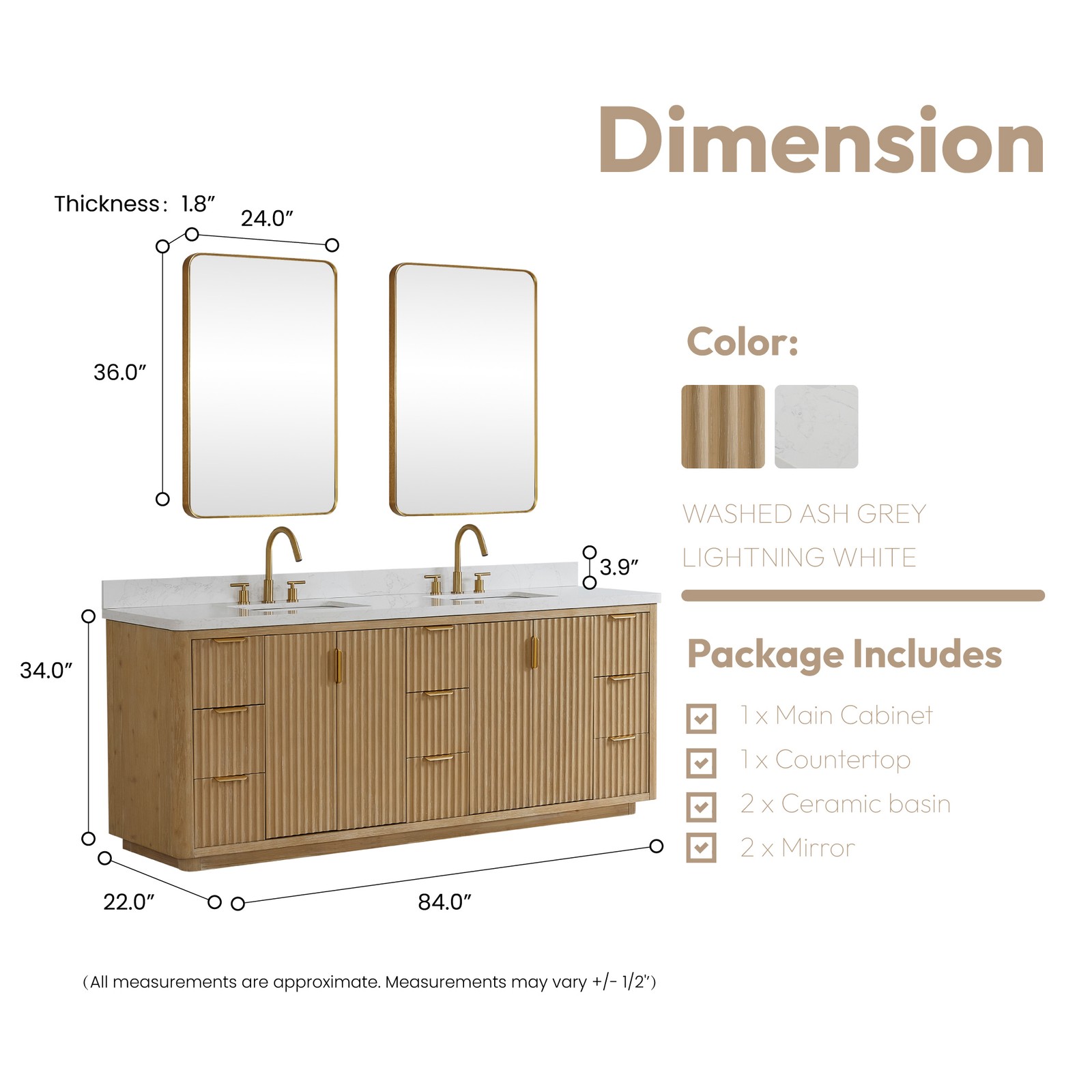 Cadiz 84″ Double Bathroom Vanity in Washed Ash Grey w/Lightning White top&Mirror
