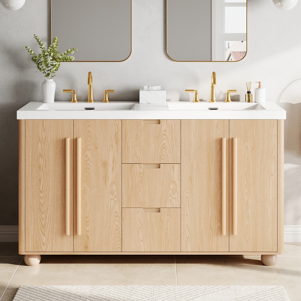 59″ Bathroom Vanity w/Double Sink,Freestanding Vanity Cabinet, 3 Drawers, 4 Door