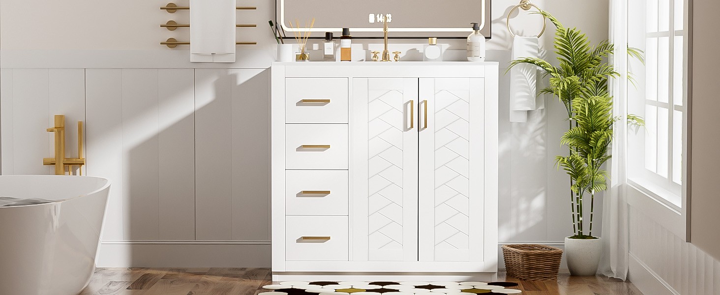 36″ Bathroom Vanity with Ceramic Sink, Solid Wood Frame, 3 Drawers & Doors