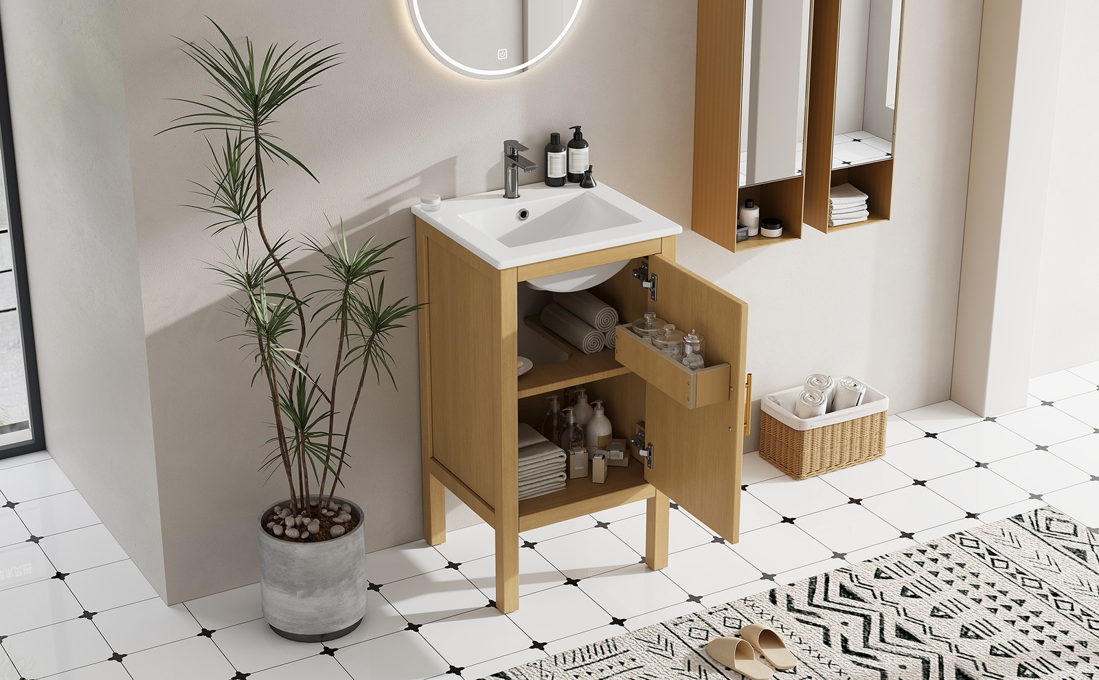 18 Inch Bathroom Vanity with Ceramic Sink, Storage Cabinet, Natural Wood