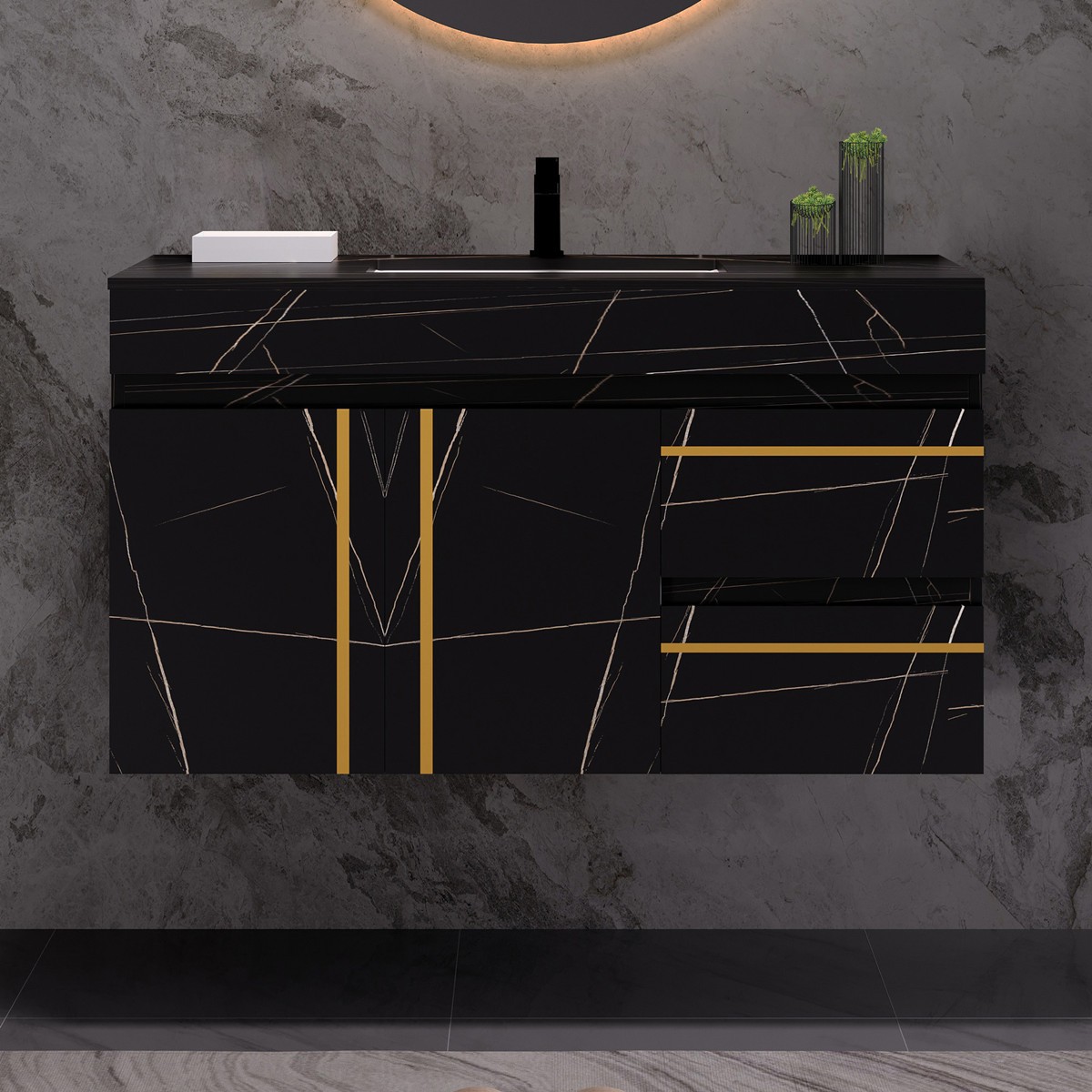 35.4″ Wall Mounted Bathroom Vanity with Sink, Floating Vanity Cabinet, 2 Drawers